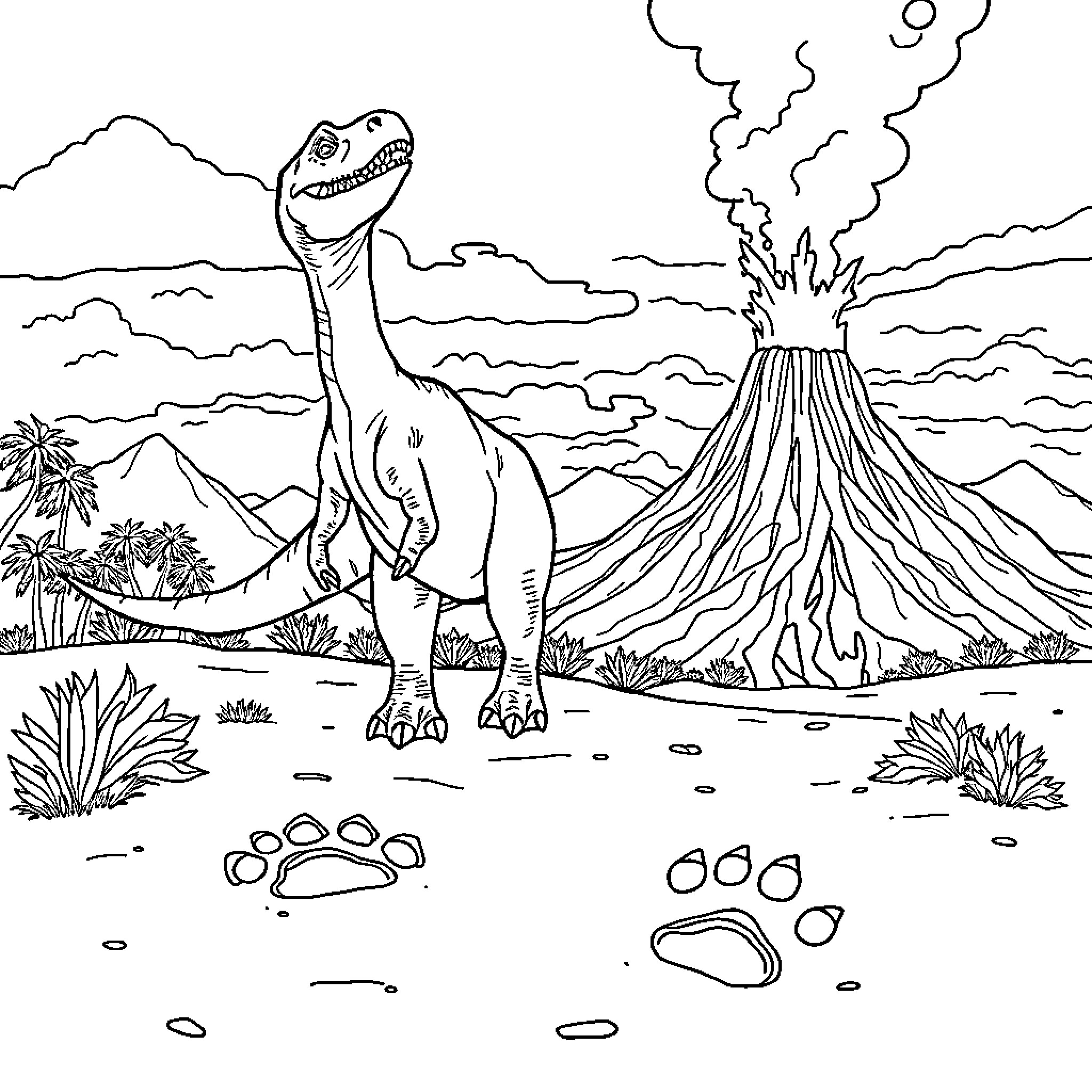 Dinosaur roaming near an erupting volcano Coloring Page (free black-and-white line drawing printable PDF for all, from beginners to advanced learners, including children, teens, adults, and seniors)