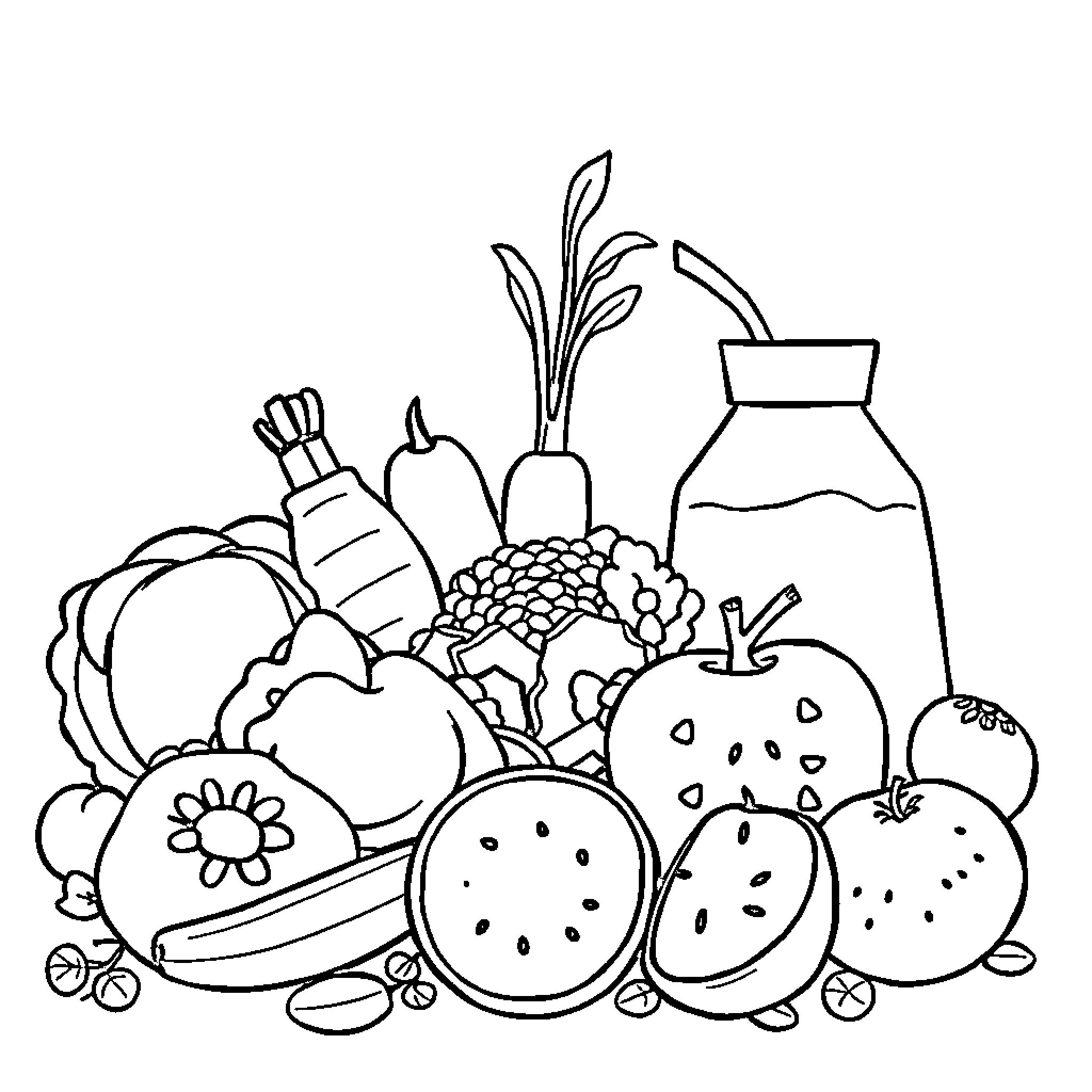 Food Group Assortment of Fresh Produce Coloring Page (free black-and-white line drawing printable PDF for all, from beginners to advanced learners, including children, teens, adults, and seniors)