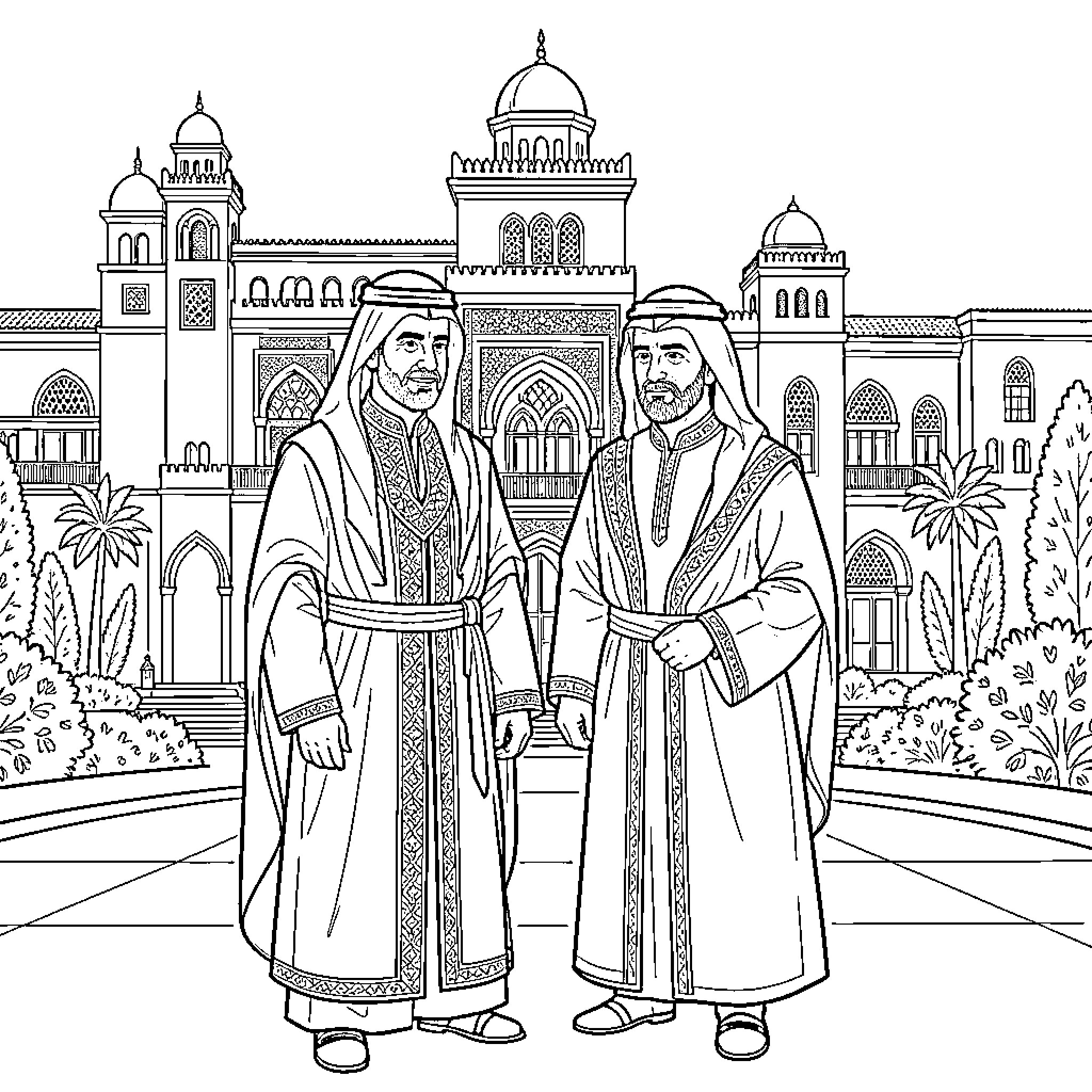 Mohamed VI standing with another dignitary in traditional attire Coloring Page (free black-and-white line drawing printable PDF for all, from beginners to advanced learners, including children, teens, adults, and seniors)