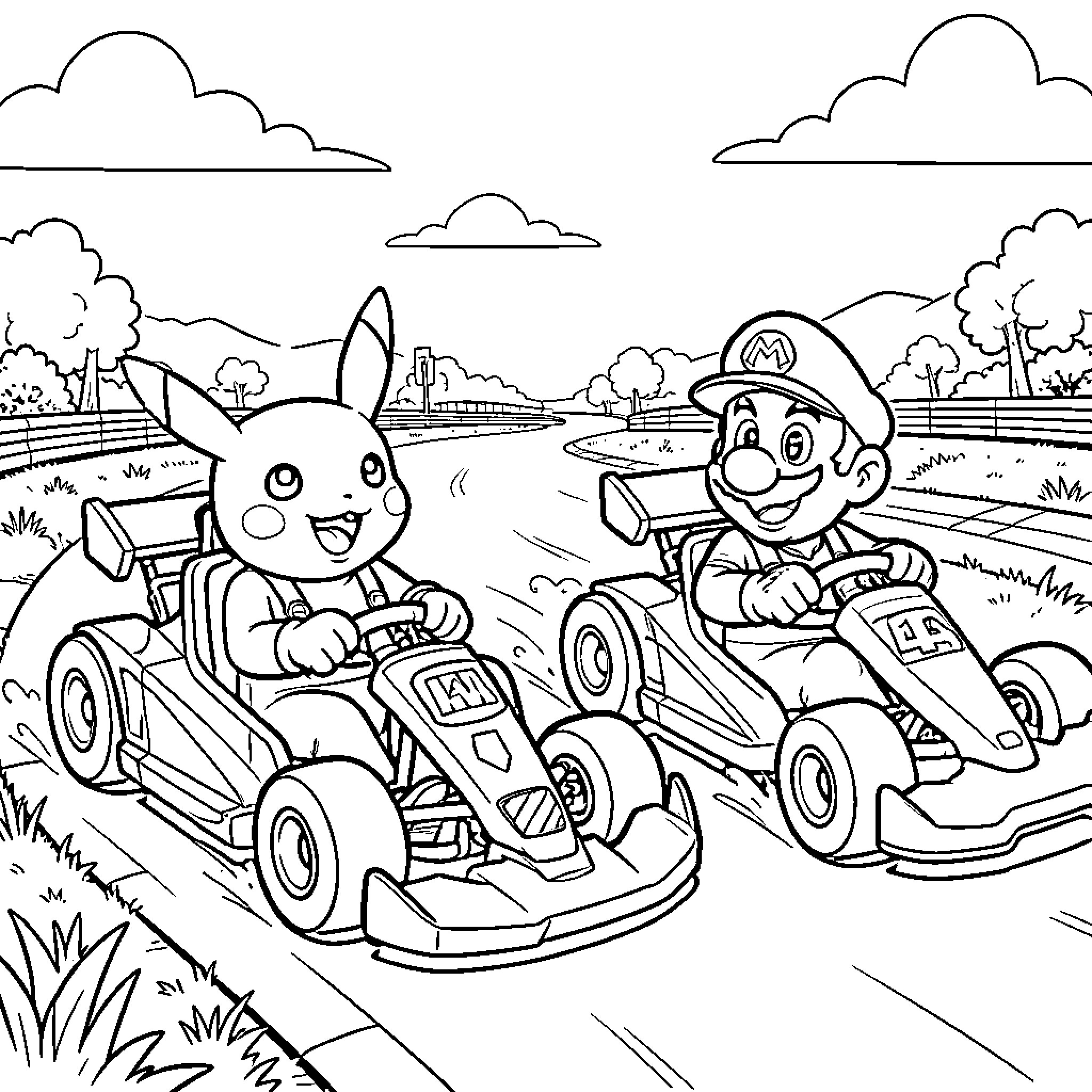 Pikachu and Mario racing go-karts in countryside Coloring Page (free black-and-white line drawing printable PDF for all, from beginners to advanced learners, including children, teens, adults, and seniors)