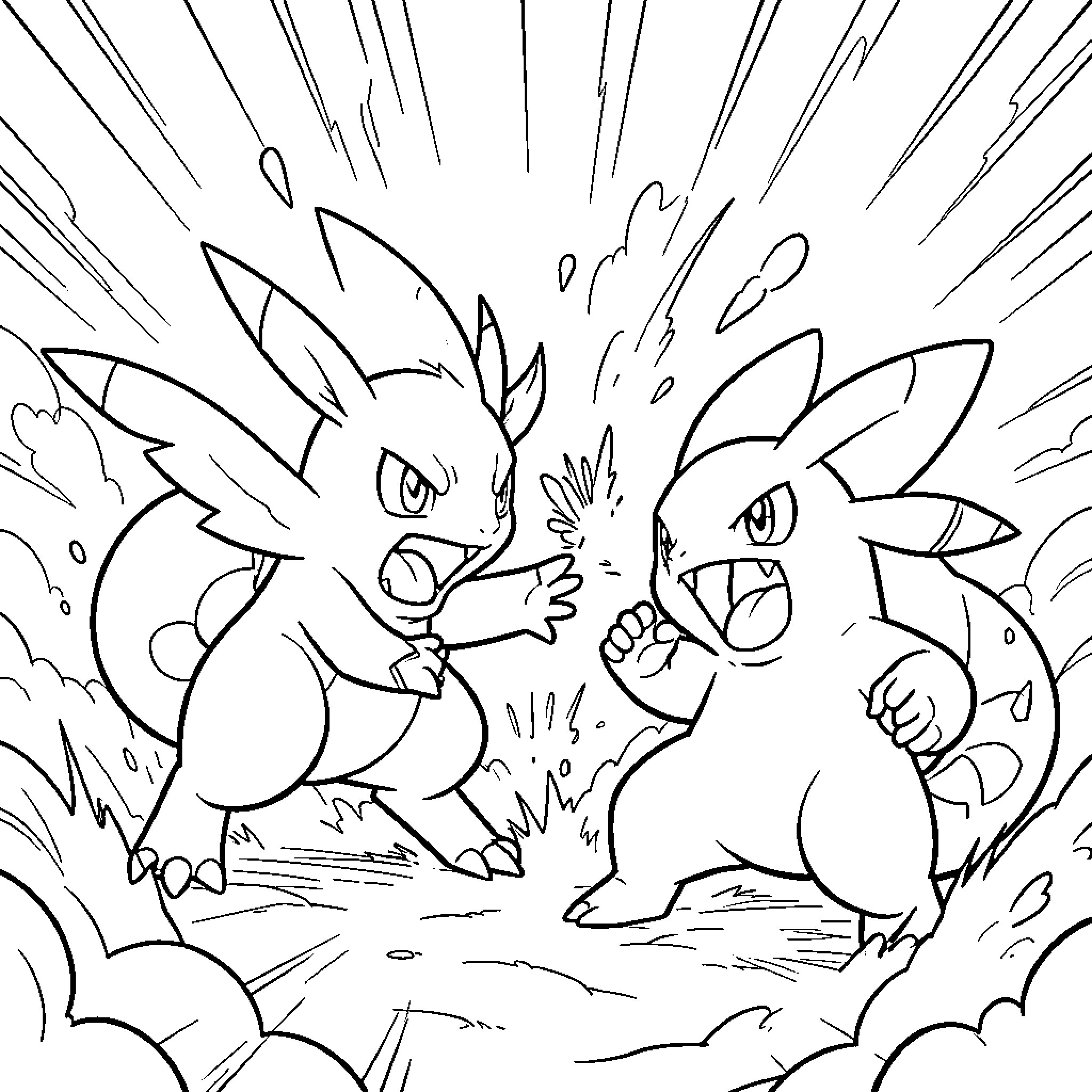 Brasegali characters engaged in an intense battle scene Coloring Page (free black-and-white line drawing printable PDF for all, from beginners to advanced learners, including children, teens, adults, and seniors)