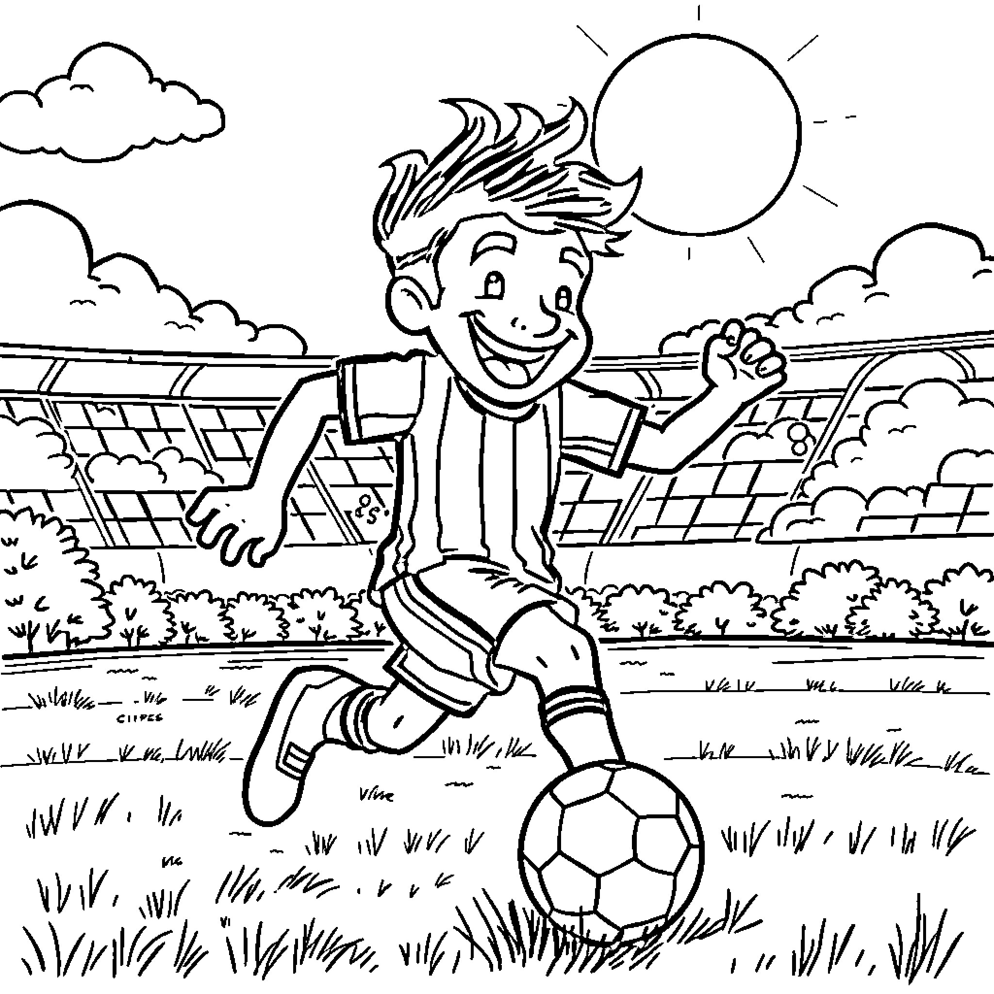 Mitsotakis playing happily with soccer ball on field Coloring Page (free black-and-white line drawing printable PDF for all, from beginners to advanced learners, including children, teens, adults, and seniors)