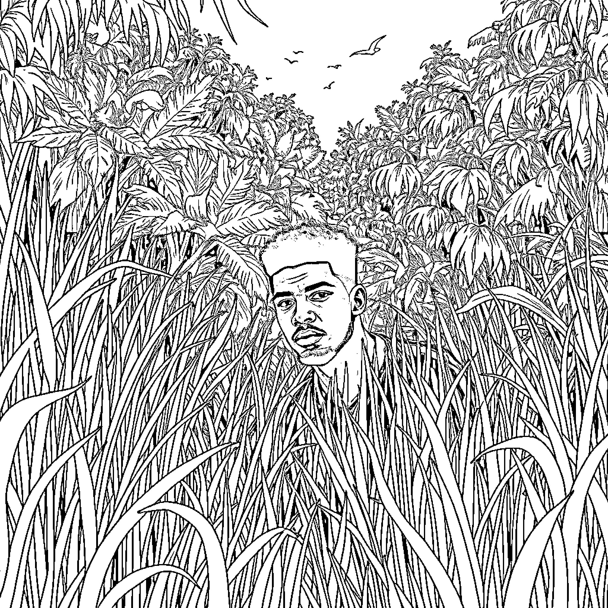 Derrick Rose hiding in dense jungle vegetation Coloring Page (free black-and-white line drawing printable PDF for all, from beginners to advanced learners, including children, teens, adults, and seniors)