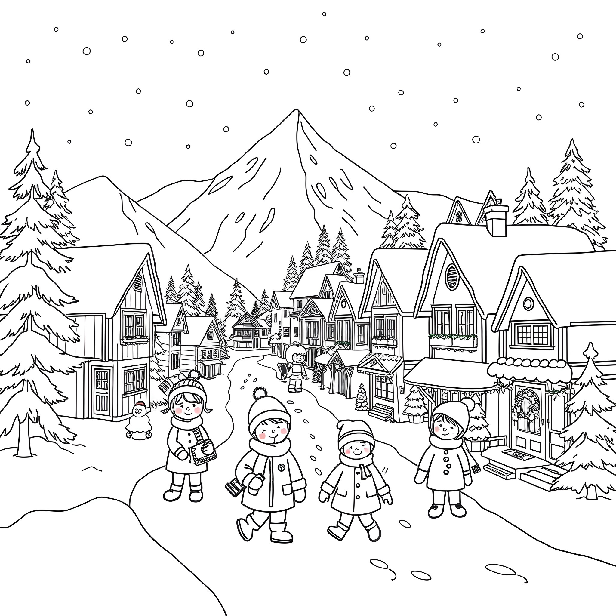 South Park with Snowy Scenery and Playful Children Coloring Page (free black-and-white line drawing printable PDF for all, from beginners to advanced learners, including children, teens, adults, and seniors)
