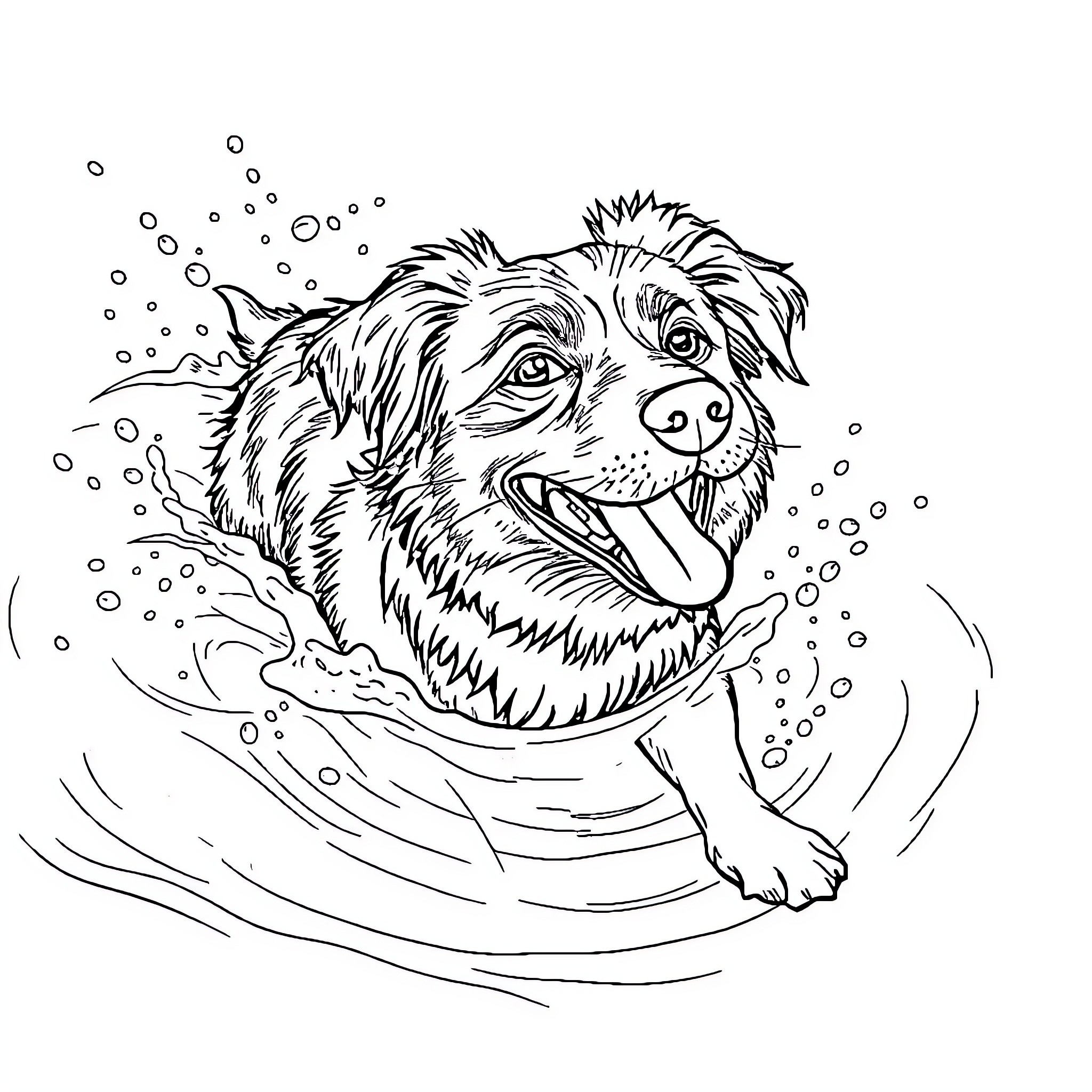 Dog Playing in the Water Coloring Page (free black-and-white line drawing printable PDF for all, from beginners to advanced learners, including children, teens, adults, and seniors)