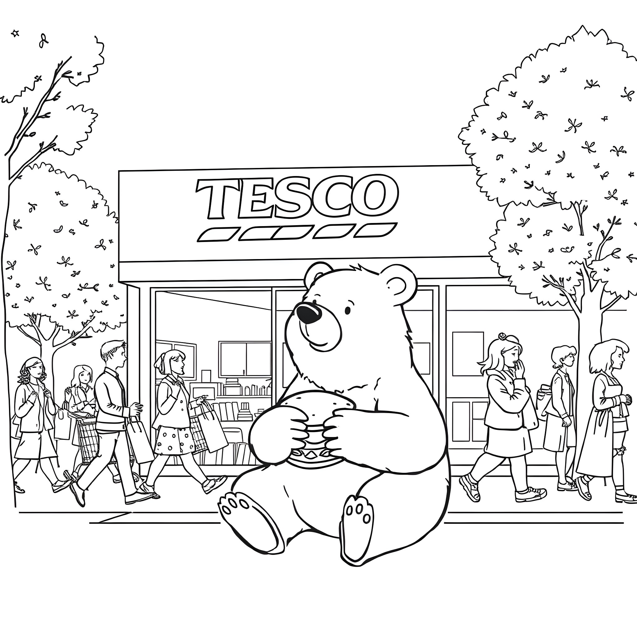 Bear playing with shoppers outside the Tesco store Coloring Page (free black-and-white line drawing printable PDF for all, from beginners to advanced learners, including children, teens, adults, and seniors)