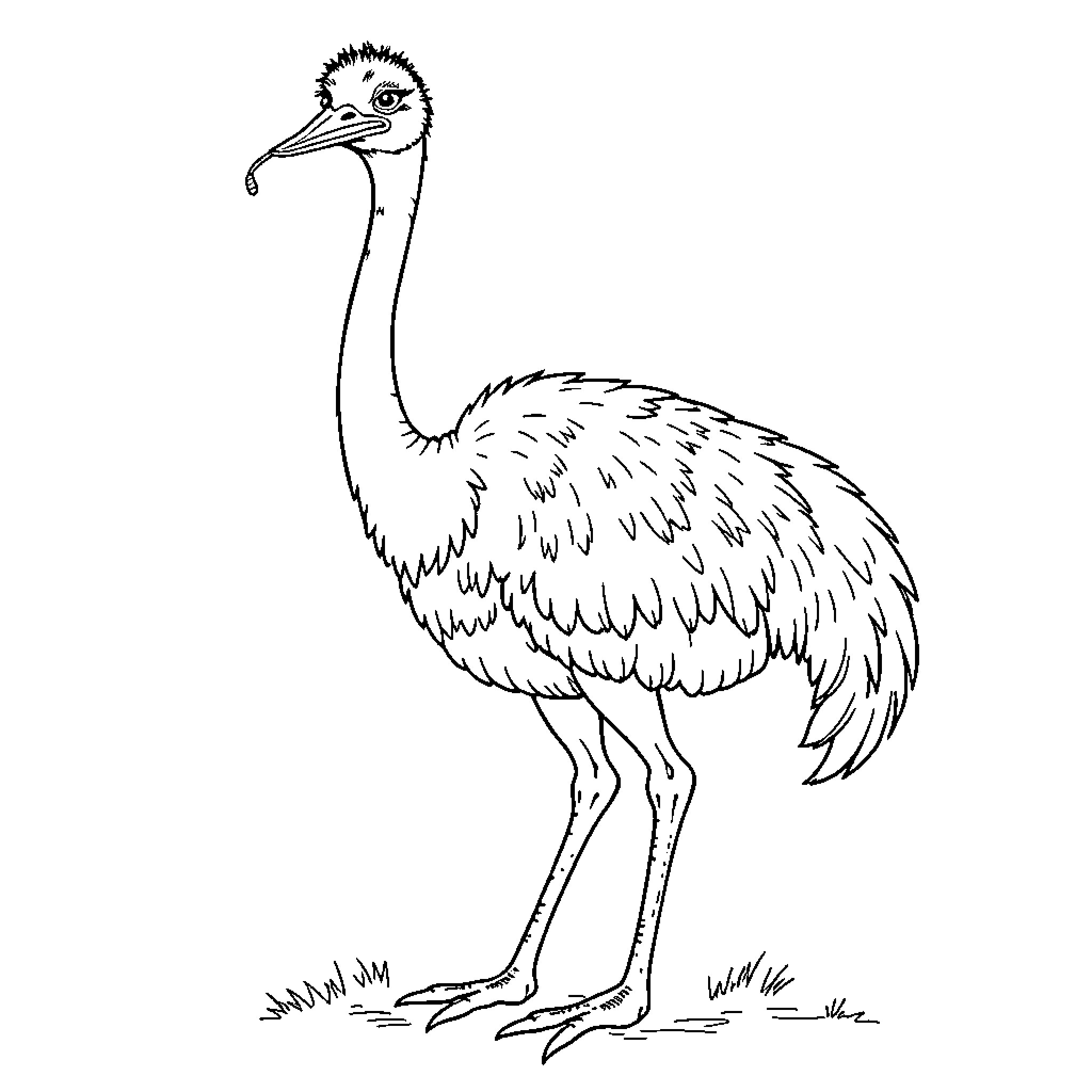 Ostrich standing on the ground Coloring Page (free black-and-white line drawing printable PDF for all, from beginners to advanced learners, including children, teens, adults, and seniors)