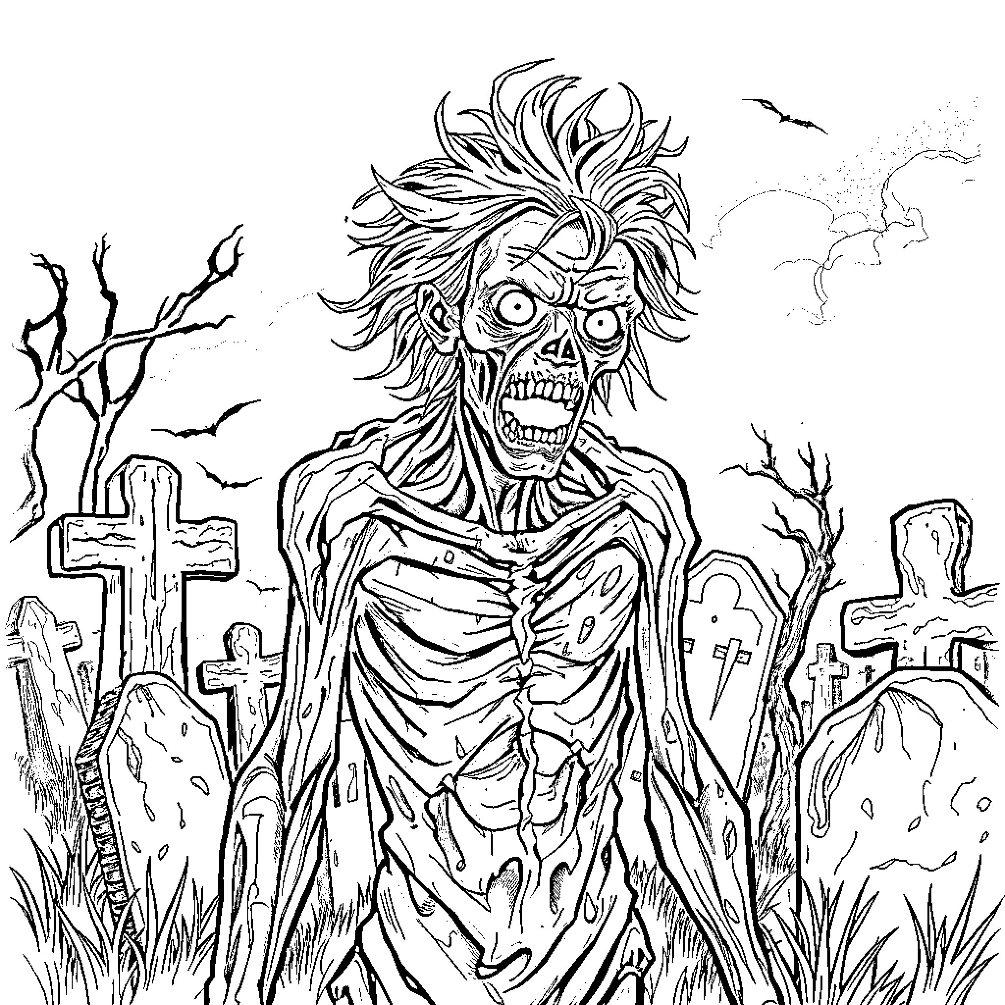 Tarman's Chilling Presence in the Graveyard Coloring Page (free black-and-white line drawing printable PDF for all, from beginners to advanced learners, including children, teens, adults, and seniors)