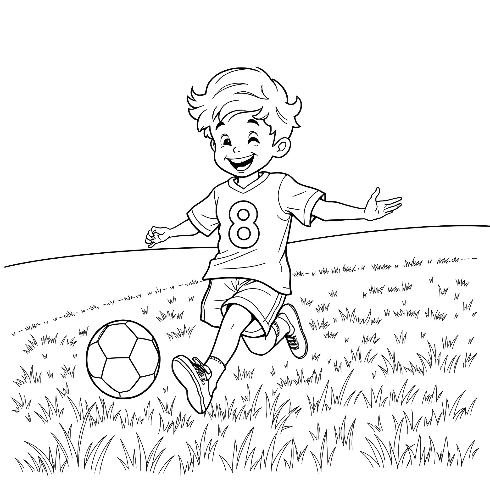Boy Joyfully Playing Soccer in the Grass Coloring Page (free black-and-white line drawing printable PDF for all, from beginners to advanced learners, including children, teens, adults, and seniors)