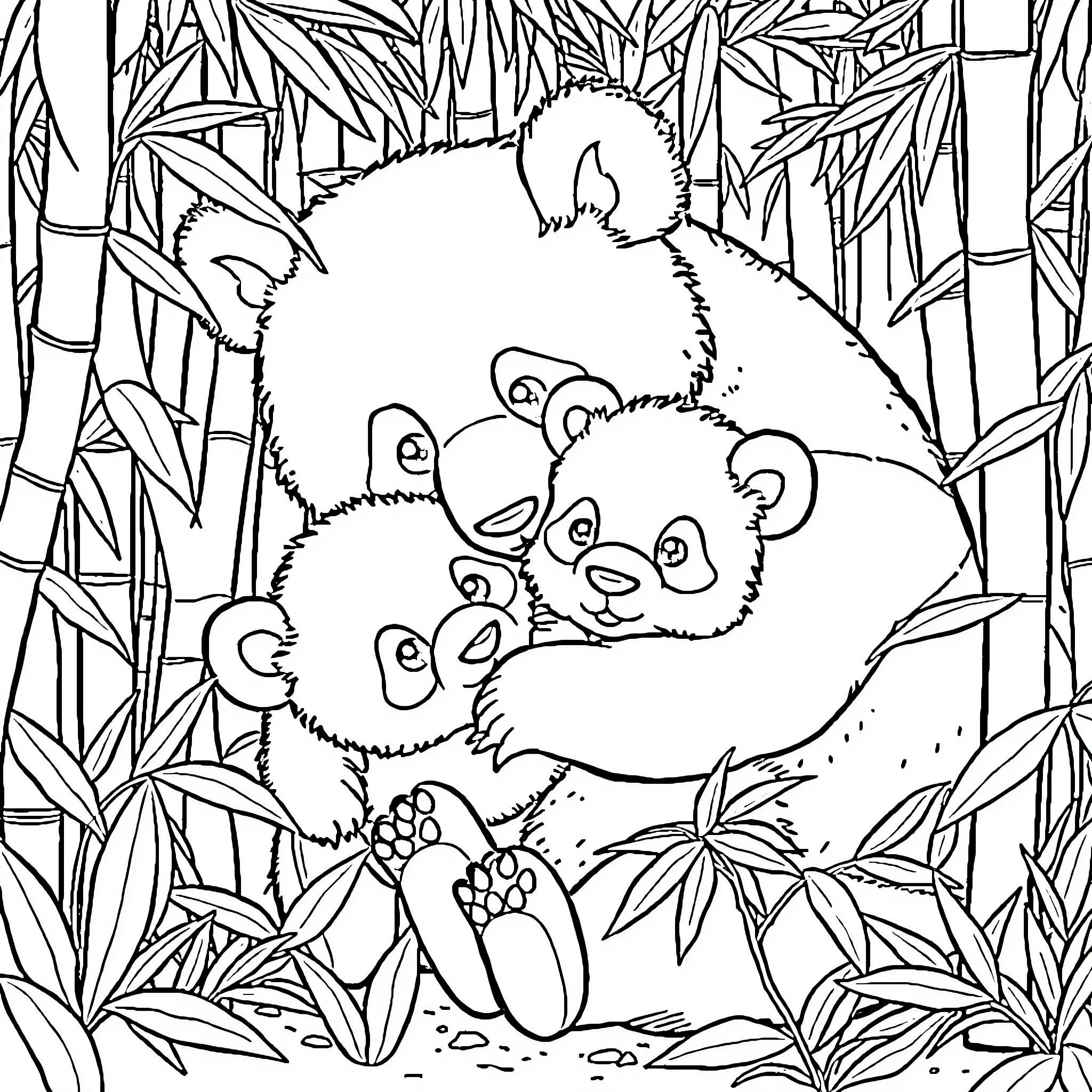 Panda enjoying a peaceful moment in the bamboo forest Coloring Page (free black-and-white line drawing printable PDF for all, from beginners to advanced learners, including children, teens, adults, and seniors)
