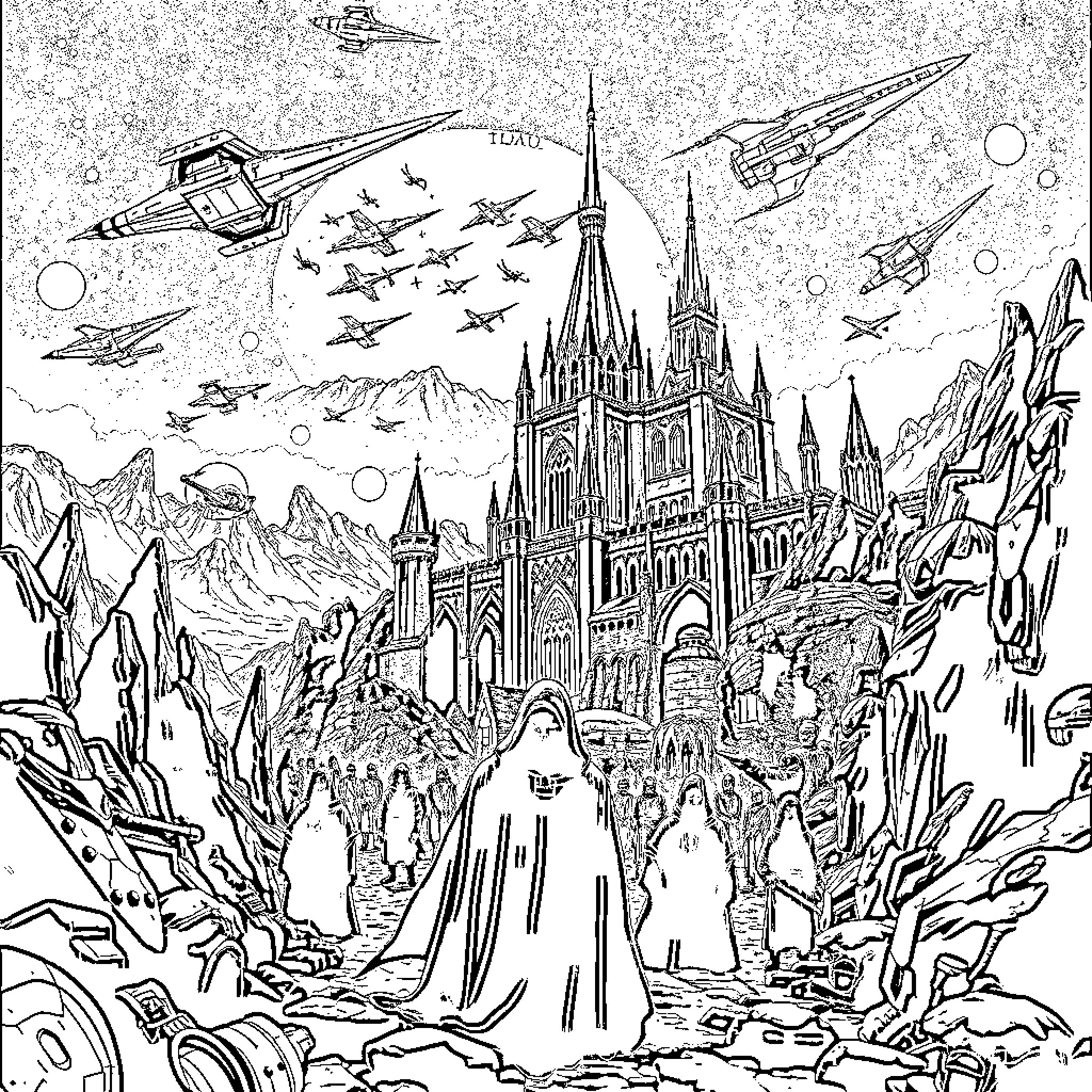 Gothic Star Wars: Fantastical Spaceships and Alien Architecture Coloring Page (free black-and-white line drawing printable PDF for all, from beginners to advanced learners, including children, teens, adults, and seniors)