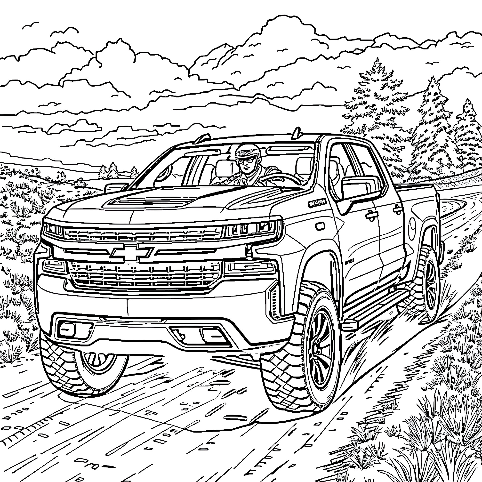 Soldier driving powerful off-road pickup truck on rugged terrain Coloring Page (free black-and-white line drawing printable PDF for all, from beginners to advanced learners, including children, teens, adults, and seniors)