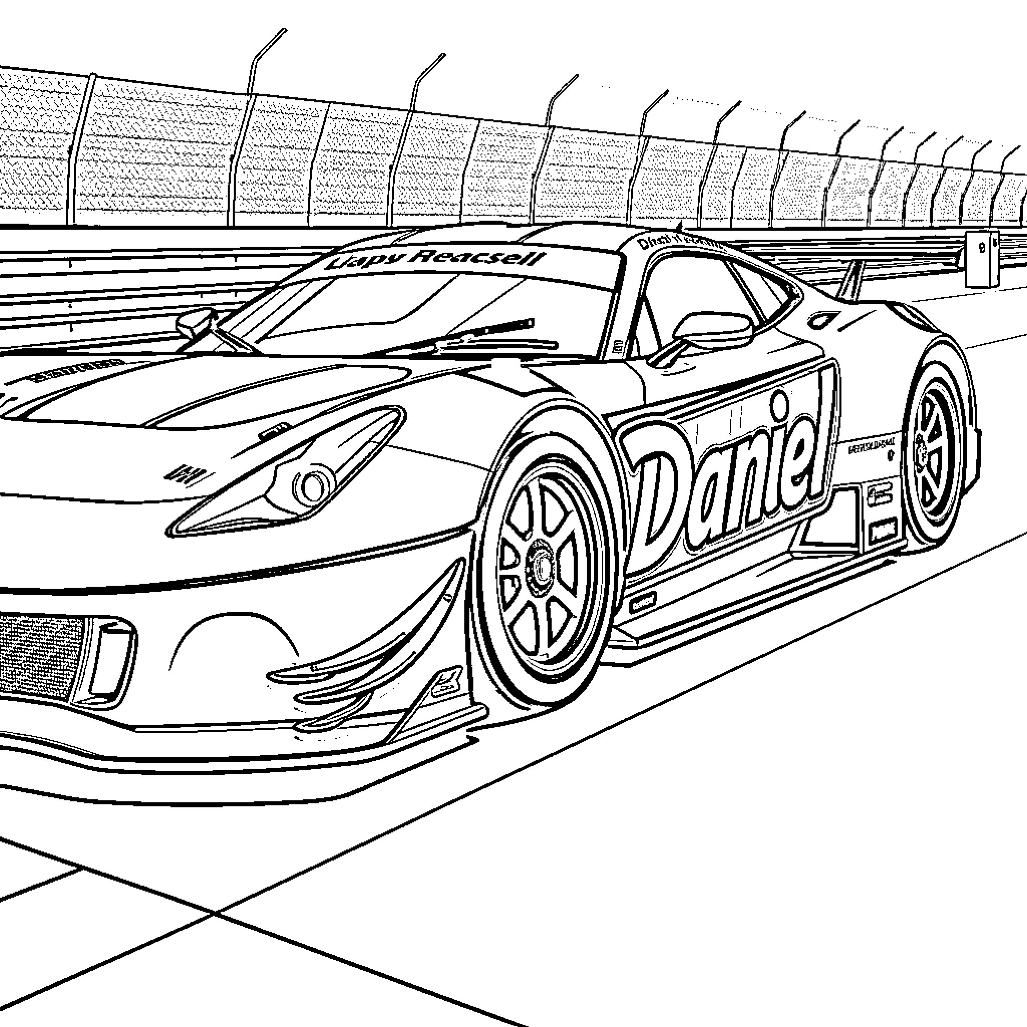 Racecar speeding on the track with race car driver Coloring Page (free black-and-white line drawing printable PDF for all, from beginners to advanced learners, including children, teens, adults, and seniors)