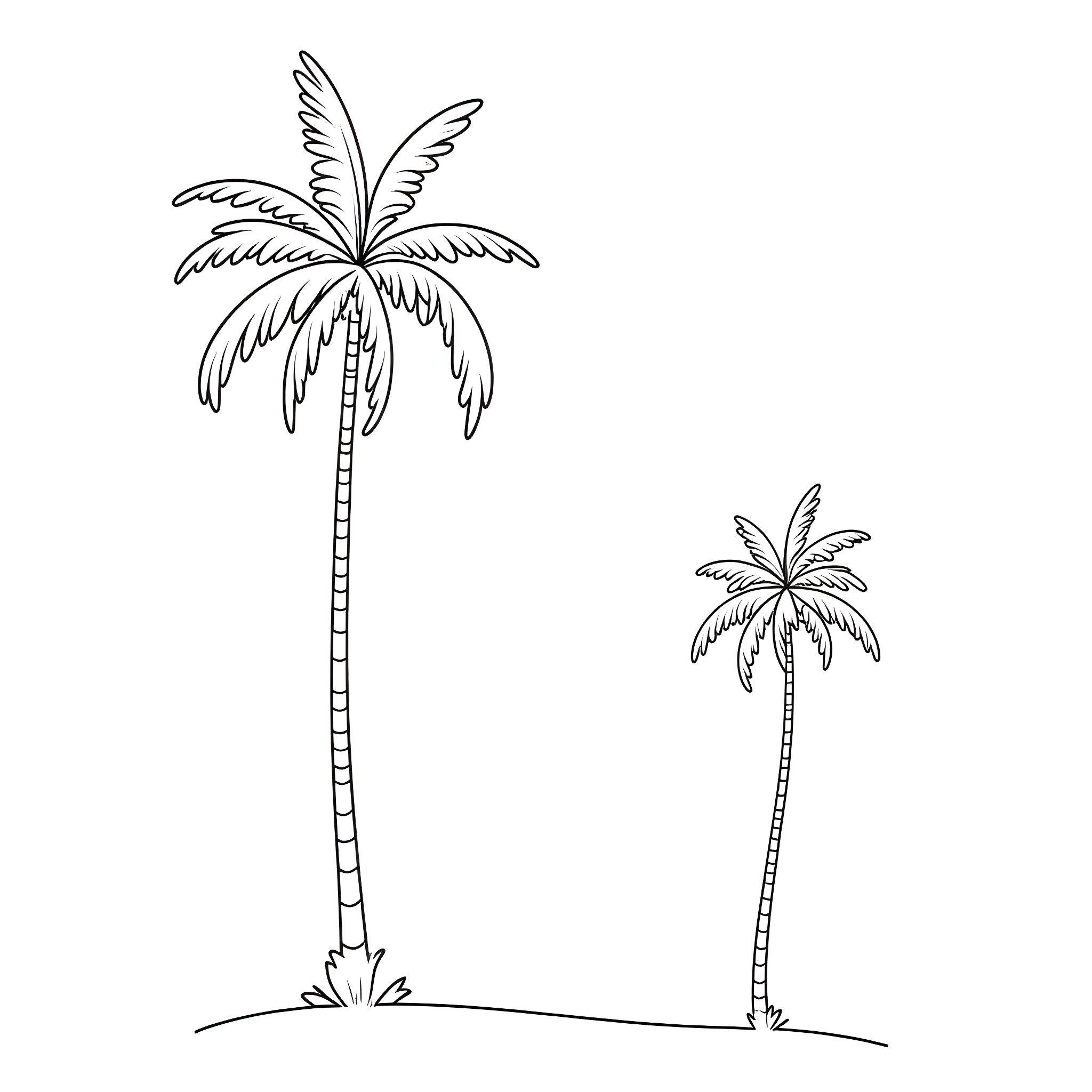 Palm Tree Silhouettes in Tropical Scene Coloring Page (free black-and-white line drawing printable PDF for all, from beginners to advanced learners, including children, teens, adults, and seniors)