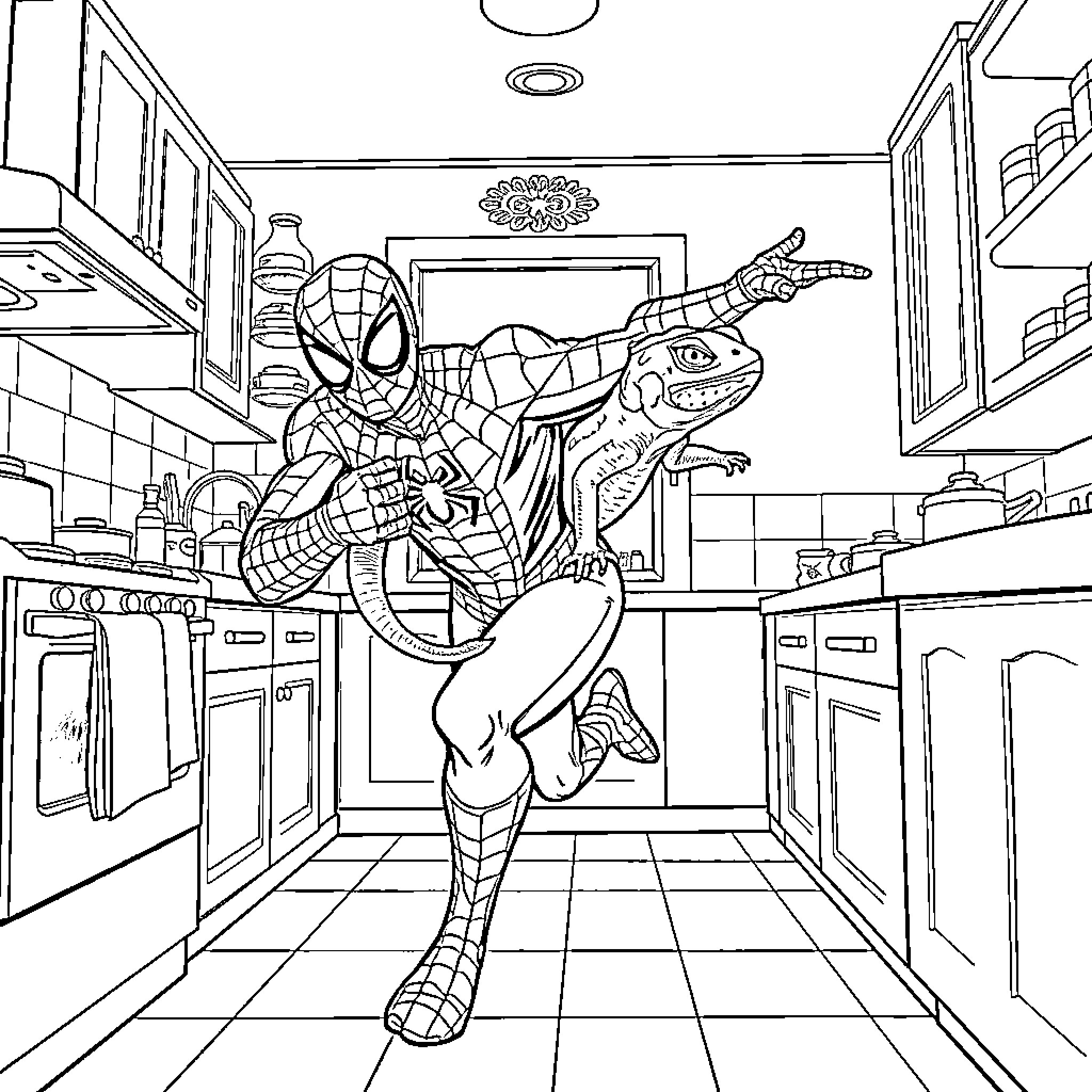 Spiderman leaping through a kitchen Coloring Page (free black-and-white line drawing printable PDF for all, from beginners to advanced learners, including children, teens, adults, and seniors)