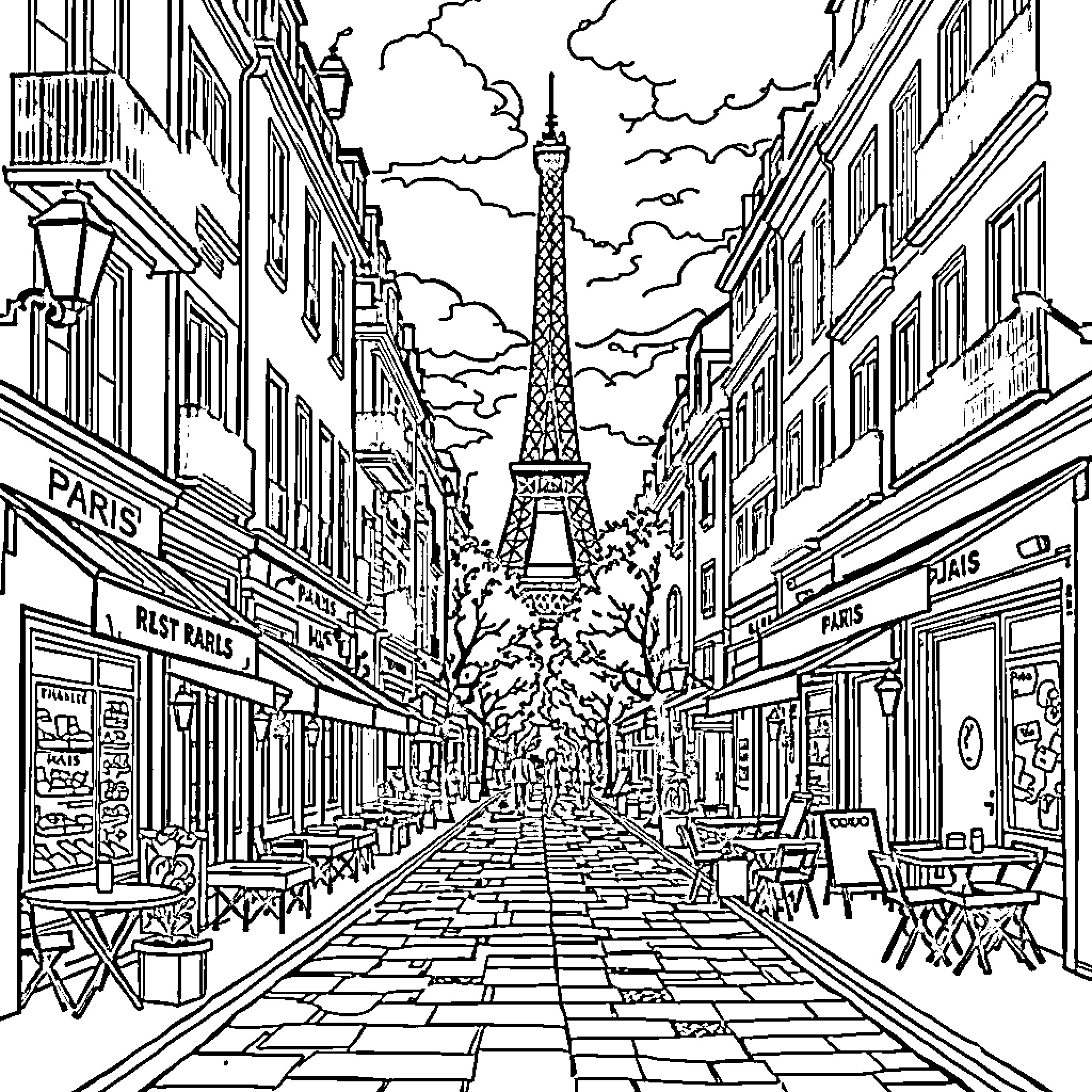 Paris street scene with Eiffel Tower in the distance Coloring Page (free black-and-white line drawing printable PDF for all, from beginners to advanced learners, including children, teens, adults, and seniors)