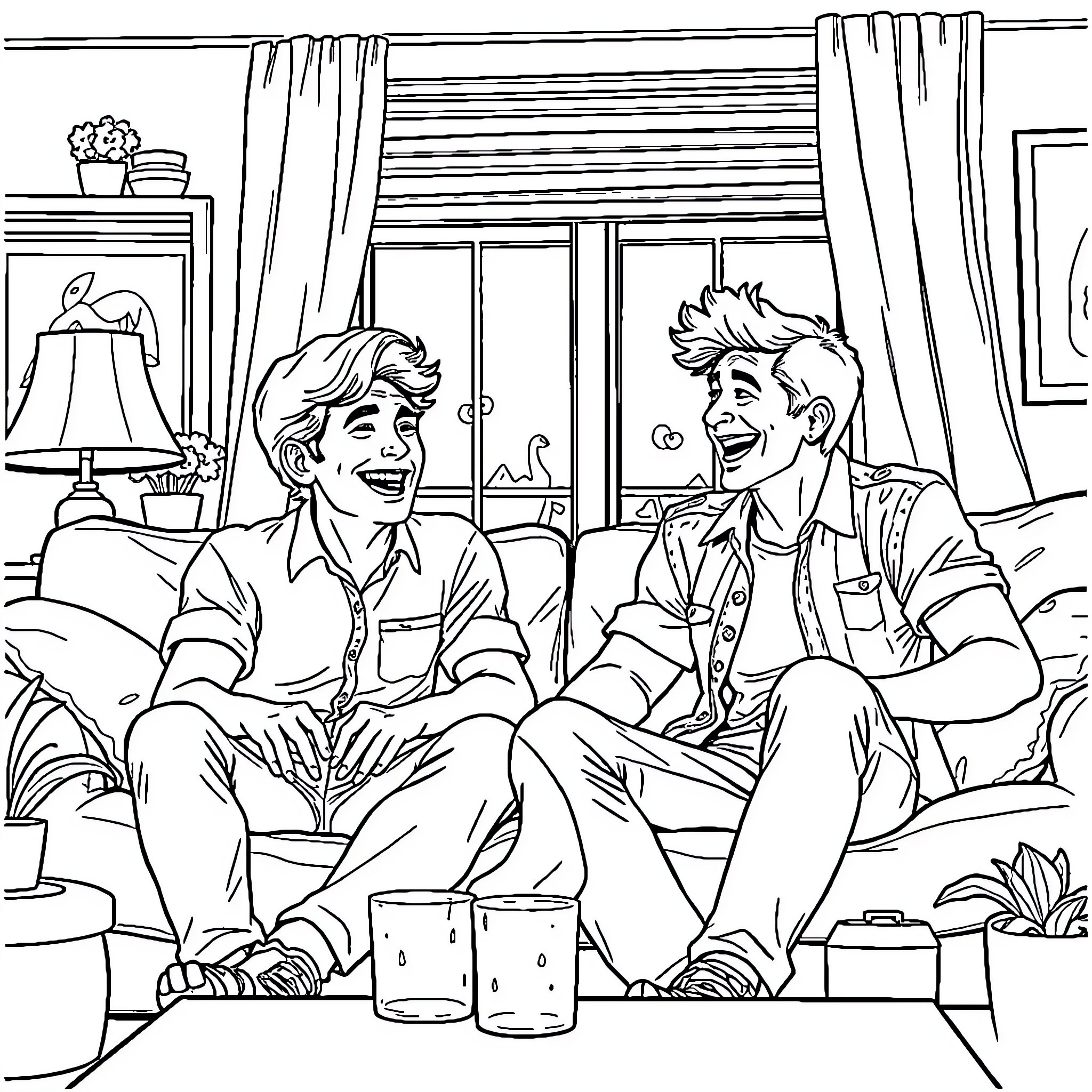 Carl Grimes enjoying quality time with a friend Coloring Page (free black-and-white line drawing printable PDF for all, from beginners to advanced learners, including children, teens, adults, and seniors)