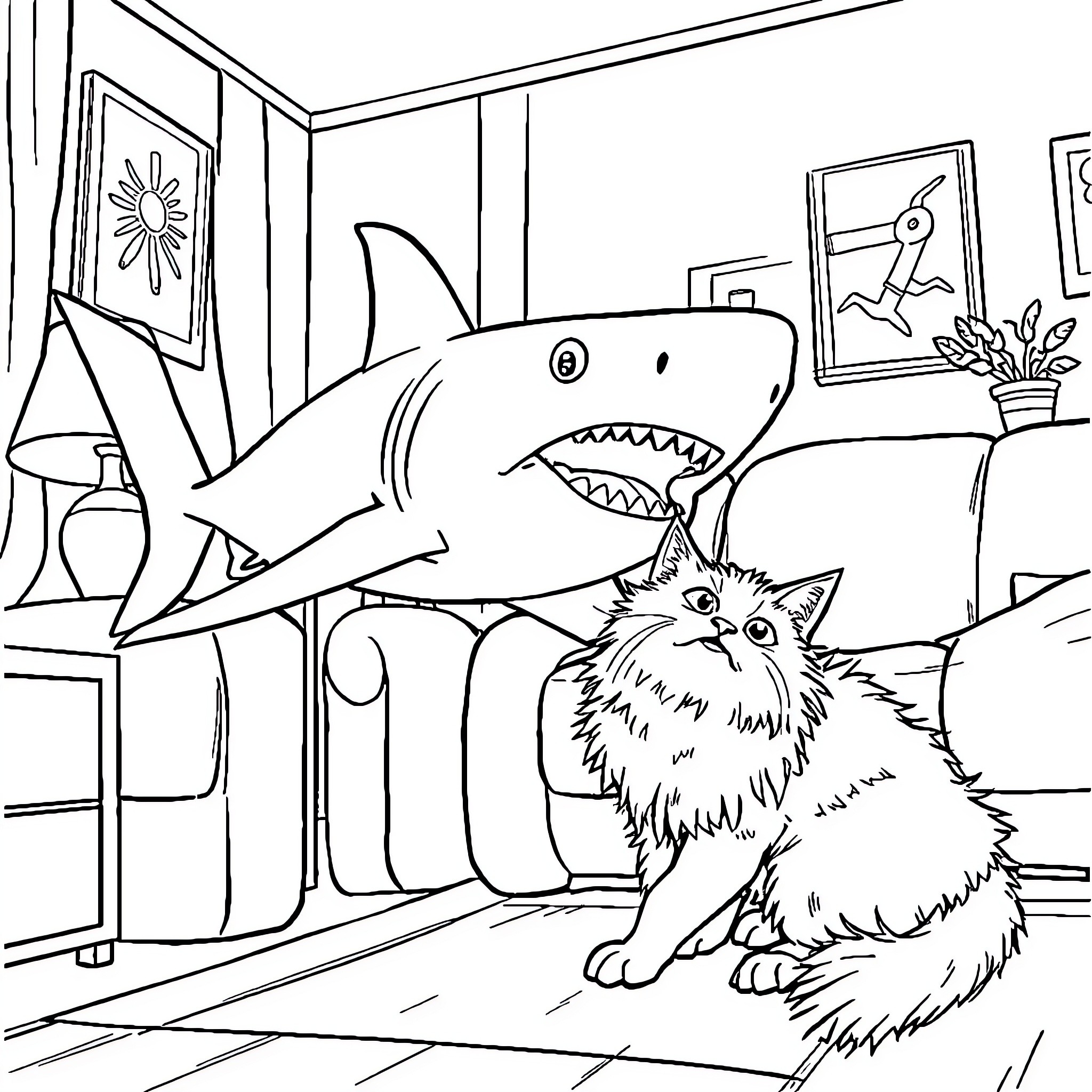 Shark on the prowl in a cozy room Coloring Page (free black-and-white line drawing printable PDF for all, from beginners to advanced learners, including children, teens, adults, and seniors)