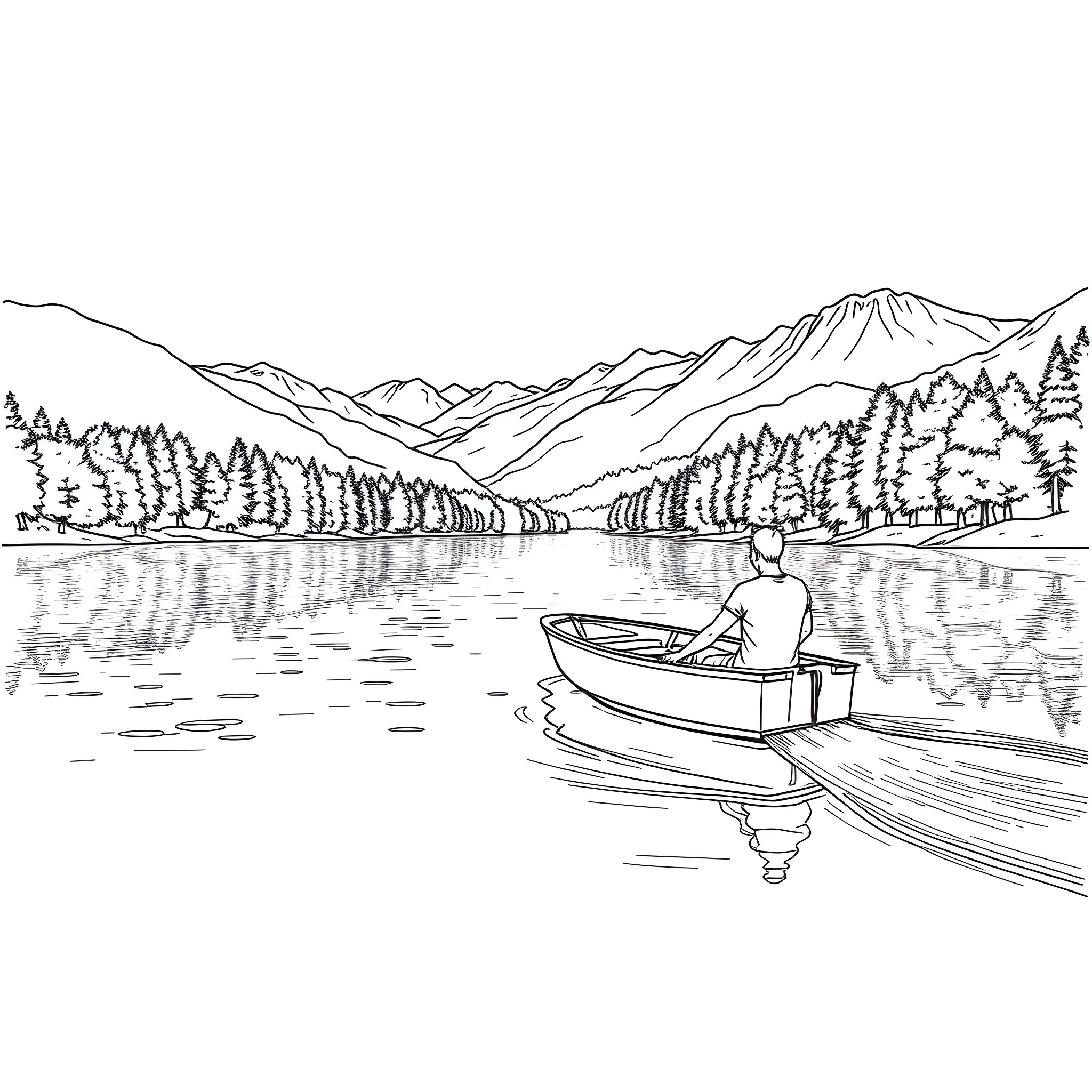 Man rowing boat on peaceful mountain lake Coloring Page (free black-and-white line drawing printable PDF for all, from beginners to advanced learners, including children, teens, adults, and seniors)