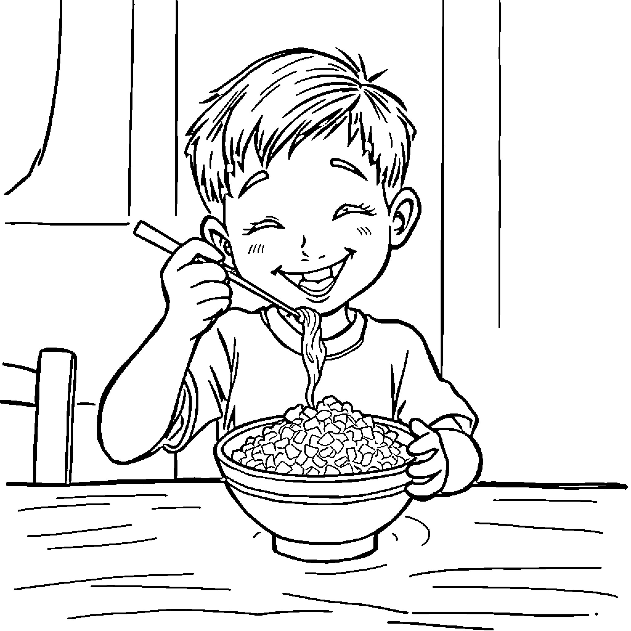 Boy Happily Eating Cereal Coloring Page (free black-and-white line drawing printable PDF for all, from beginners to advanced learners, including children, teens, adults, and seniors)