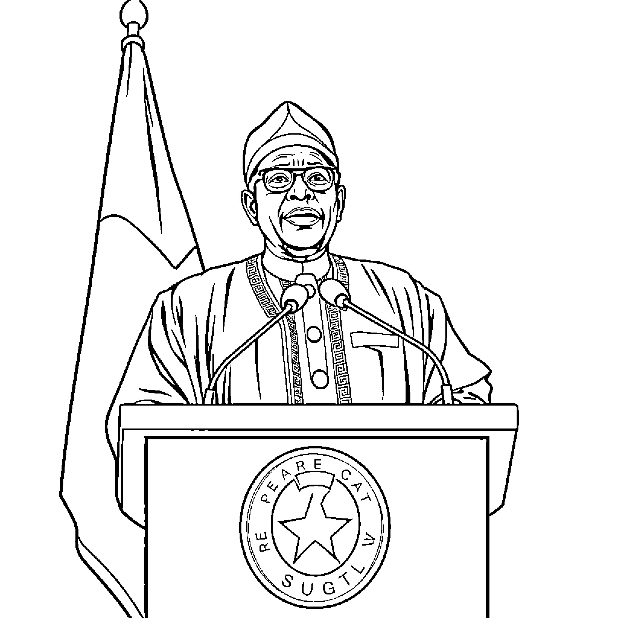 Tinubu addressing the public at a podium Coloring Page (free black-and-white line drawing printable PDF for all, from beginners to advanced learners, including children, teens, adults, and seniors)