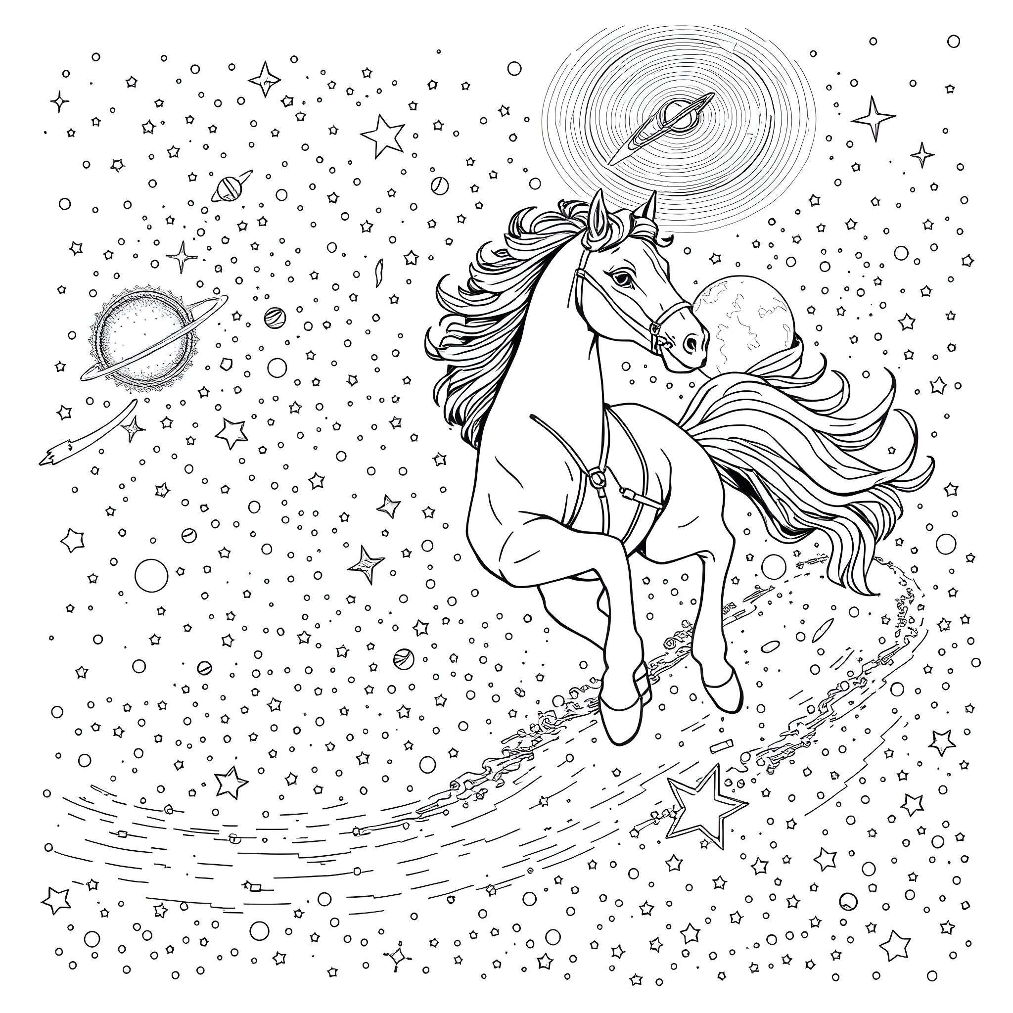 Horse galloping through the starry night sky Coloring Page (free black-and-white line drawing printable PDF for all, from beginners to advanced learners, including children, teens, adults, and seniors)