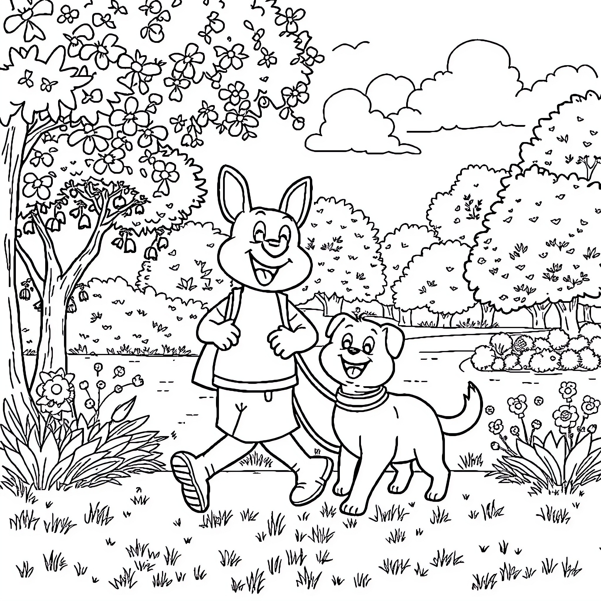 Rondoudou playing with their canine companion in a floral landscape Coloring Page (free black-and-white line drawing printable PDF for all, from beginners to advanced learners, including children, teens, adults, and seniors)