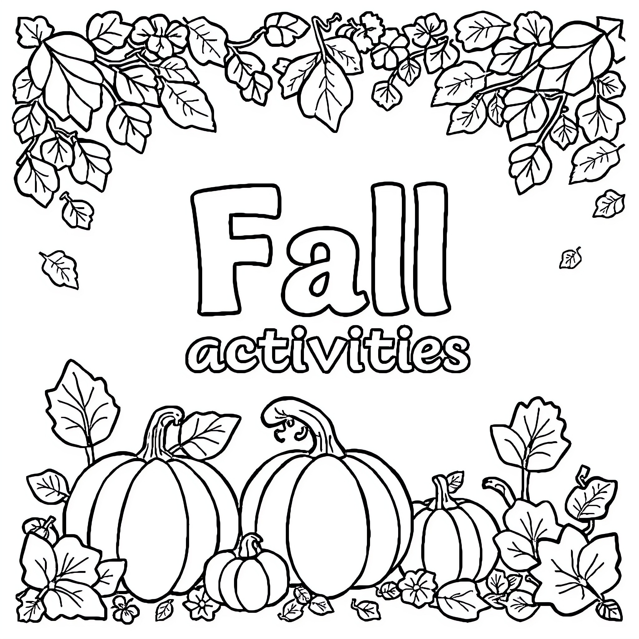 Fall activities with leaves and pumpkins Coloring Page (free black-and-white line drawing printable PDF for all, from beginners to advanced learners, including children, teens, adults, and seniors)