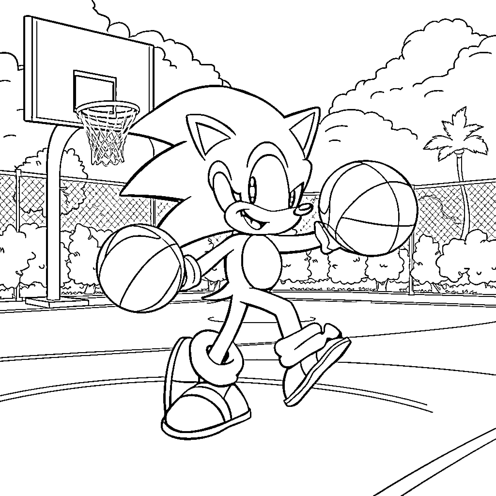 Sonic playing basketball on an outdoor court Coloring Page (free black-and-white line drawing printable PDF for all, from beginners to advanced learners, including children, teens, adults, and seniors)