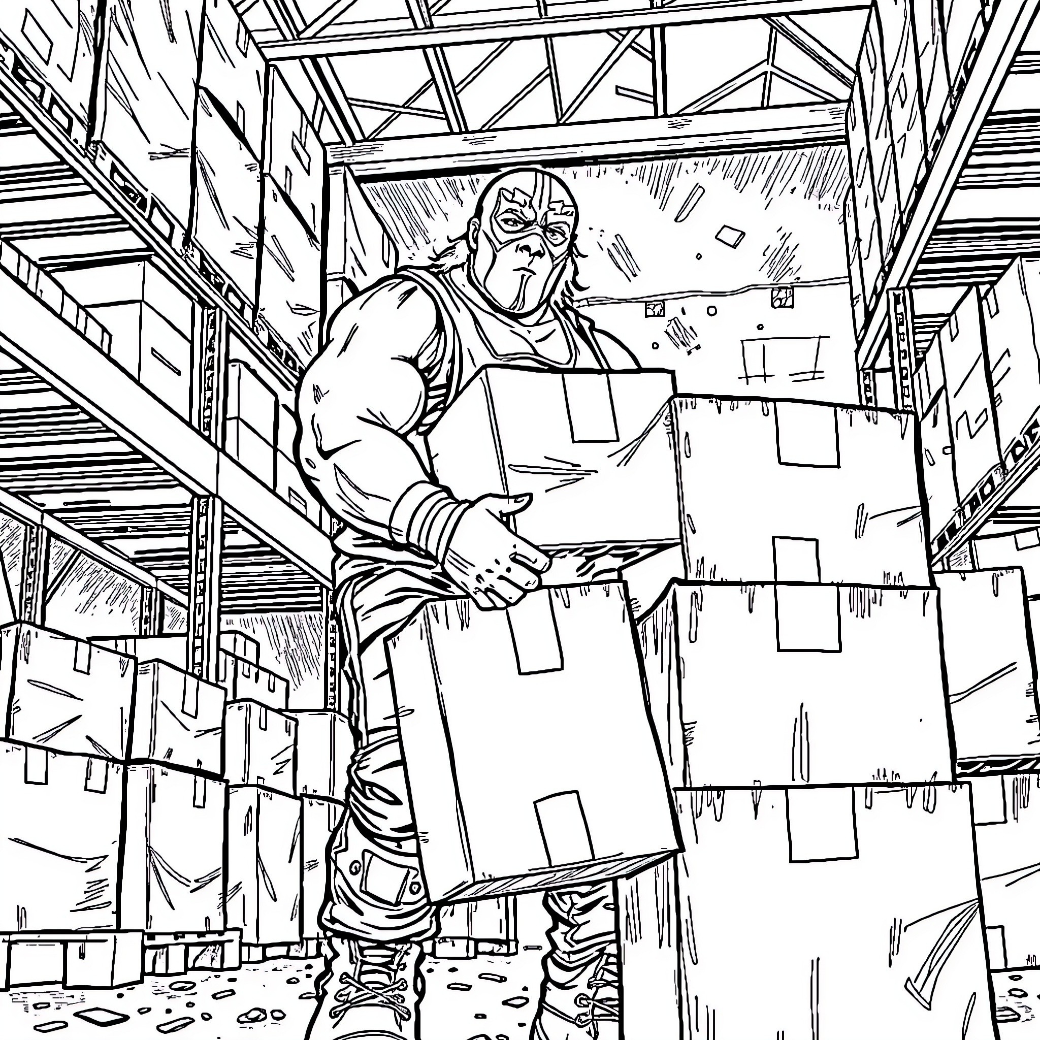 Wrestler Lifting Heavy Boxes in Warehouse Coloring Page (free black-and-white line drawing printable PDF for all, from beginners to advanced learners, including children, teens, adults, and seniors)