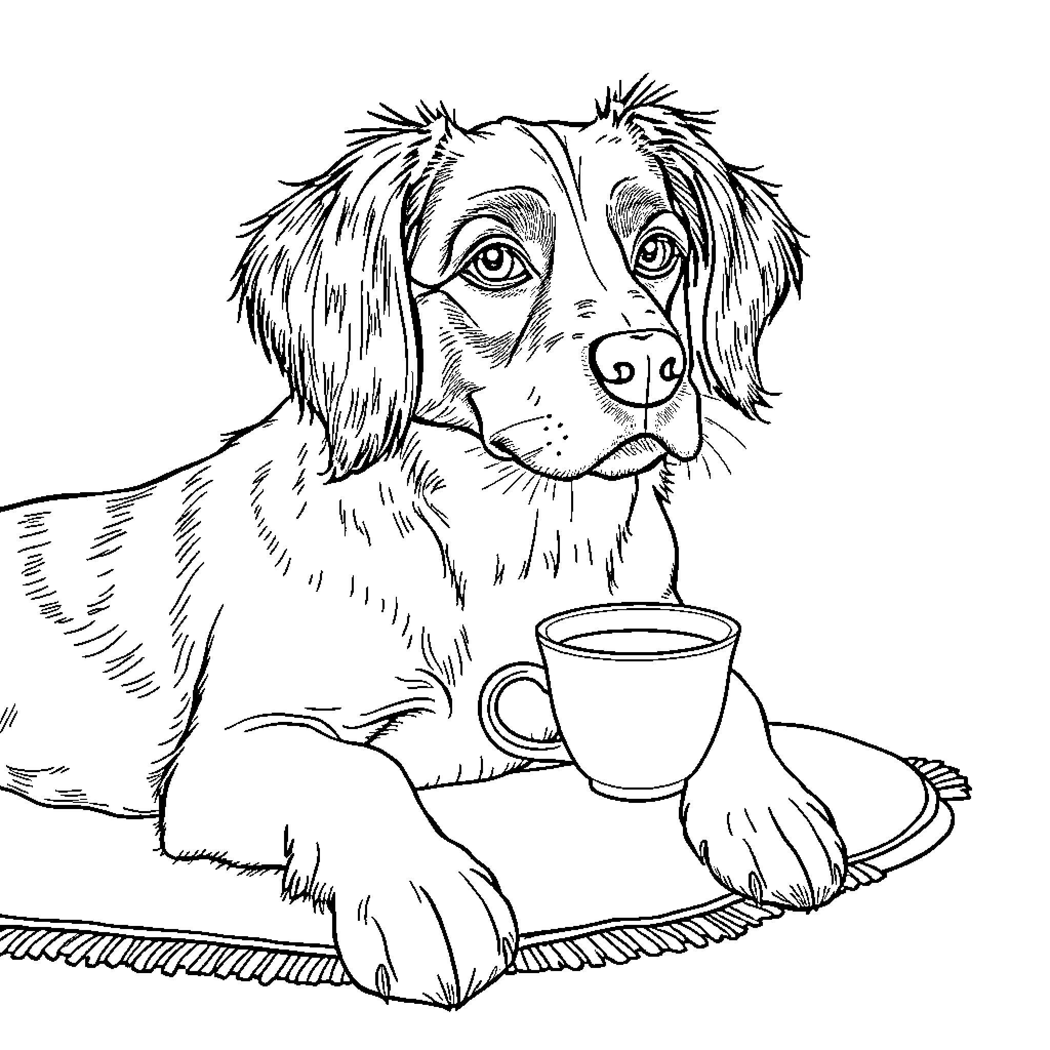 Chien relaxing with a cup of coffee Coloring Page (free black-and-white line drawing printable PDF for all, from beginners to advanced learners, including children, teens, adults, and seniors)