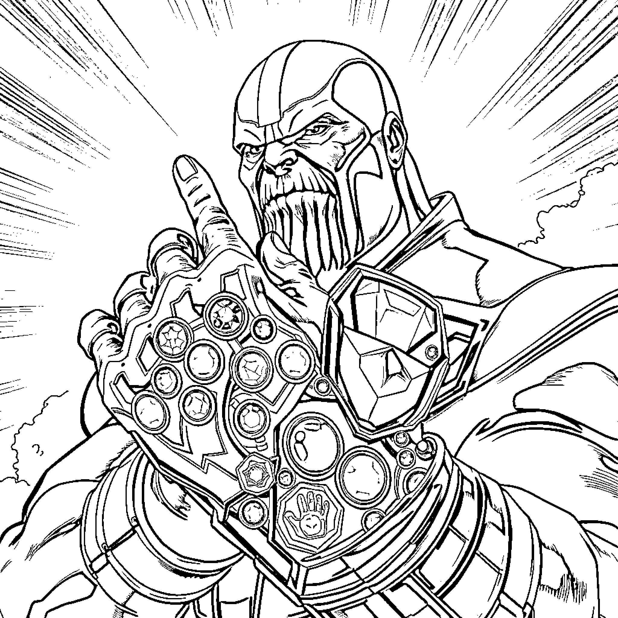 Thanos unleashing cosmic power with Infinity Gauntlet Coloring Page (free black-and-white line drawing printable PDF for all, from beginners to advanced learners, including children, teens, adults, and seniors)