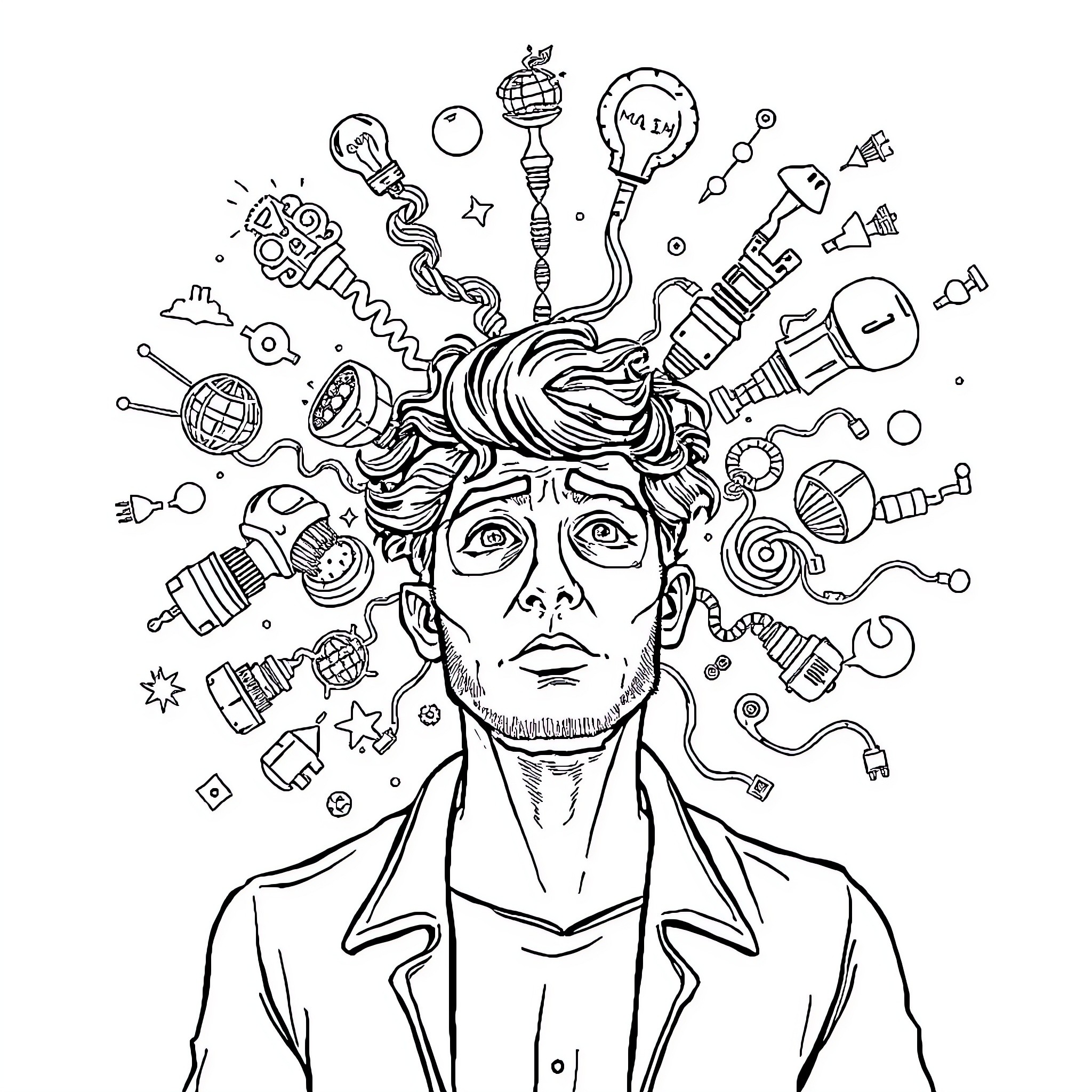 Man's creative mind with diverse thoughts and ideas Coloring Page (free black-and-white line drawing printable PDF for all, from beginners to advanced learners, including children, teens, adults, and seniors)