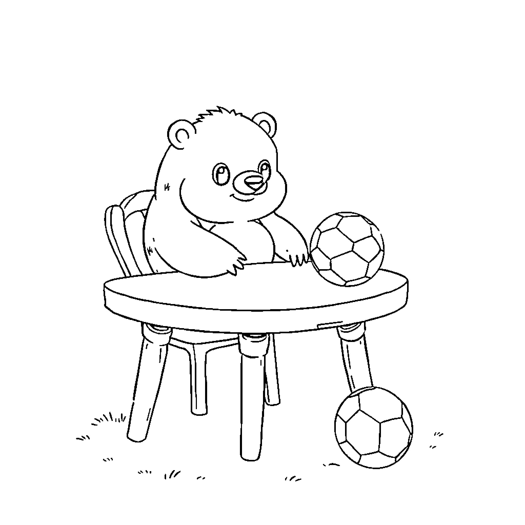 Teddy Bear playing with soccer balls Coloring Page (free black-and-white line drawing printable PDF for all, from beginners to advanced learners, including children, teens, adults, and seniors)