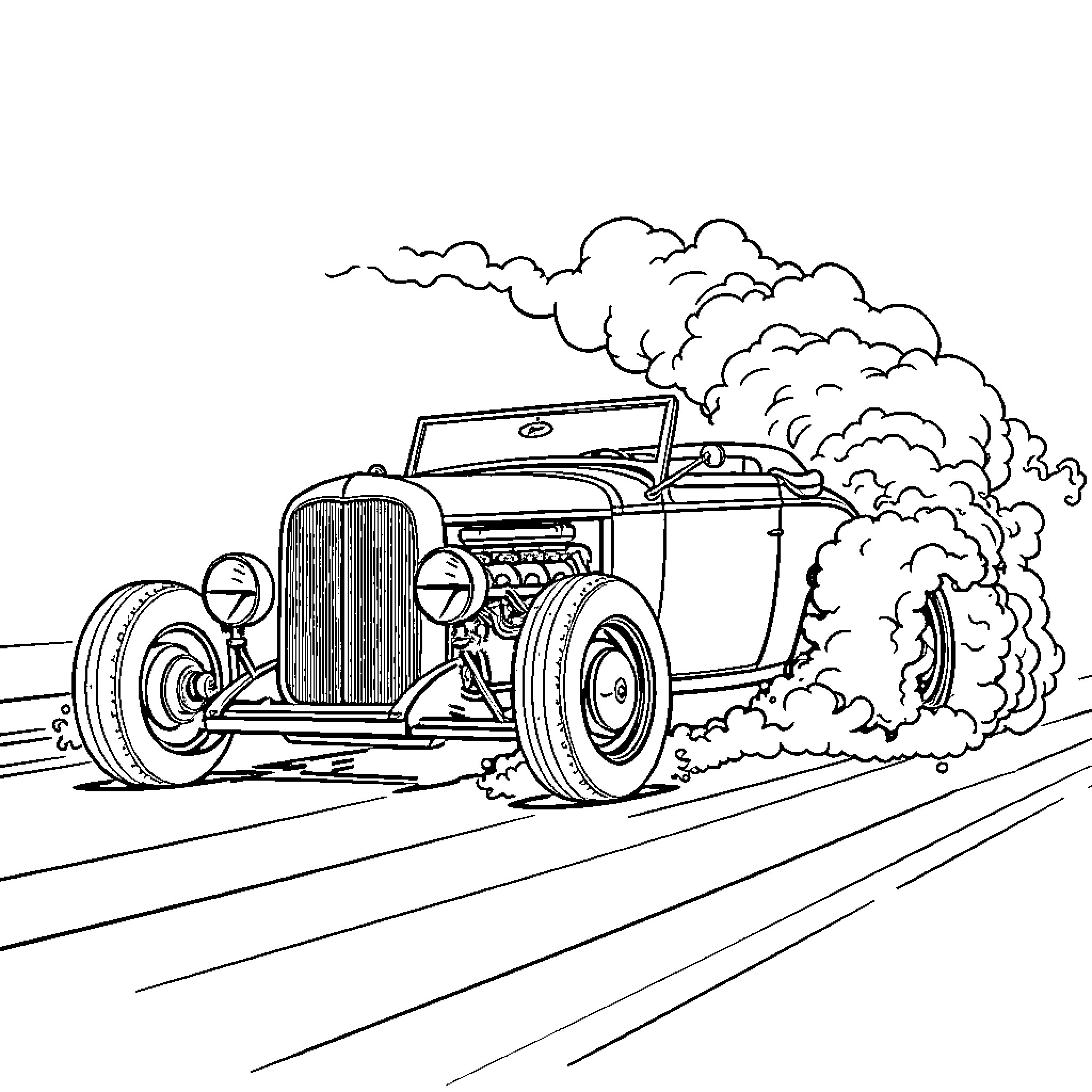 Ford Roadster Speeding Through Clouds of Smoke Coloring Page (free black-and-white line drawing printable PDF for all, from beginners to advanced learners, including children, teens, adults, and seniors)