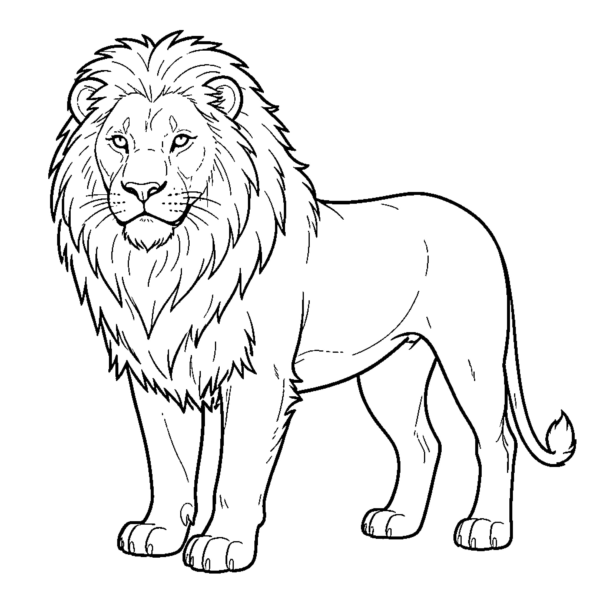 Lion standing strong and alert Coloring Page (free black-and-white line drawing printable PDF for all, from beginners to advanced learners, including children, teens, adults, and seniors)