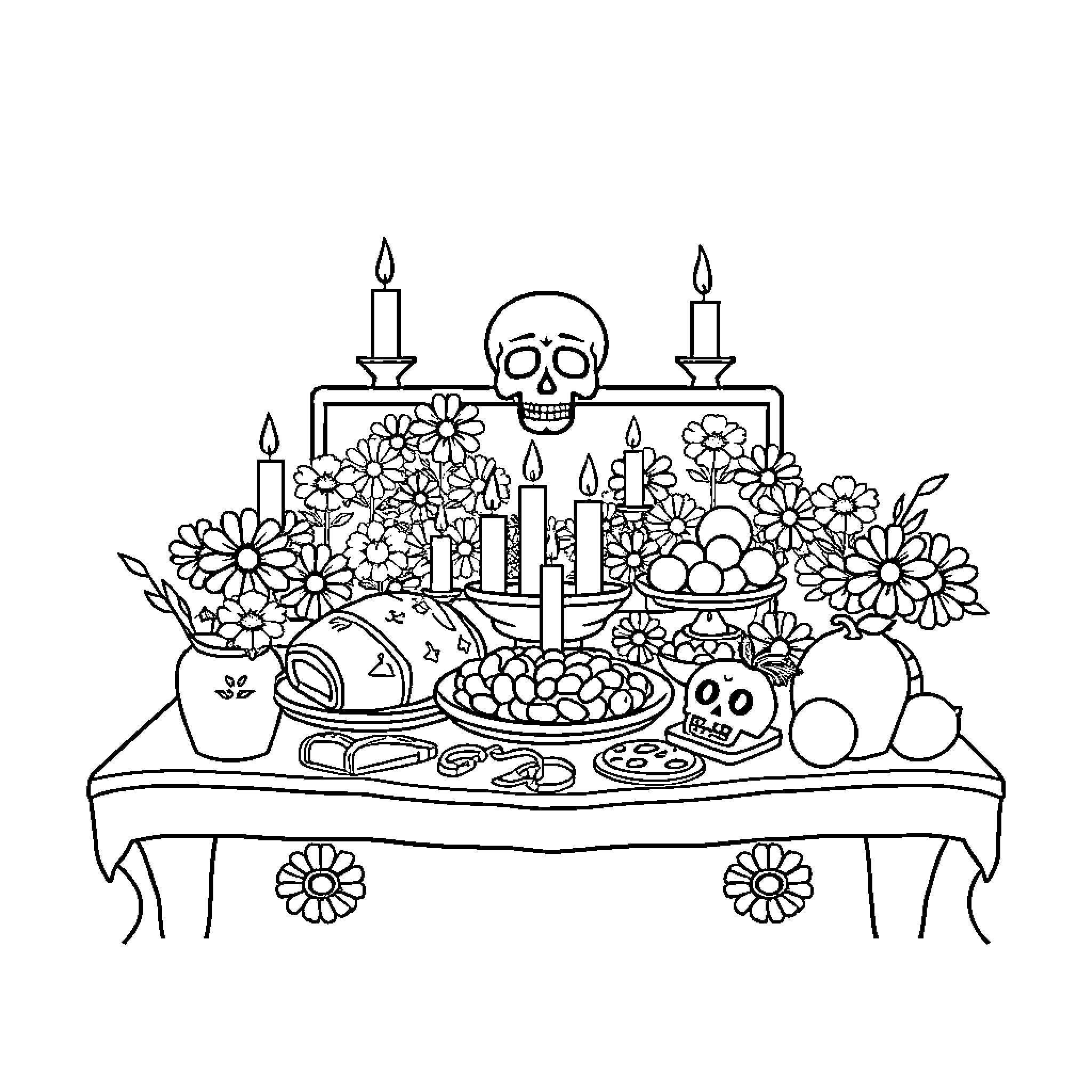 Day of the Dead celebration with offerings and decorations Coloring Page (free black-and-white line drawing printable PDF for all, from beginners to advanced learners, including children, teens, adults, and seniors)