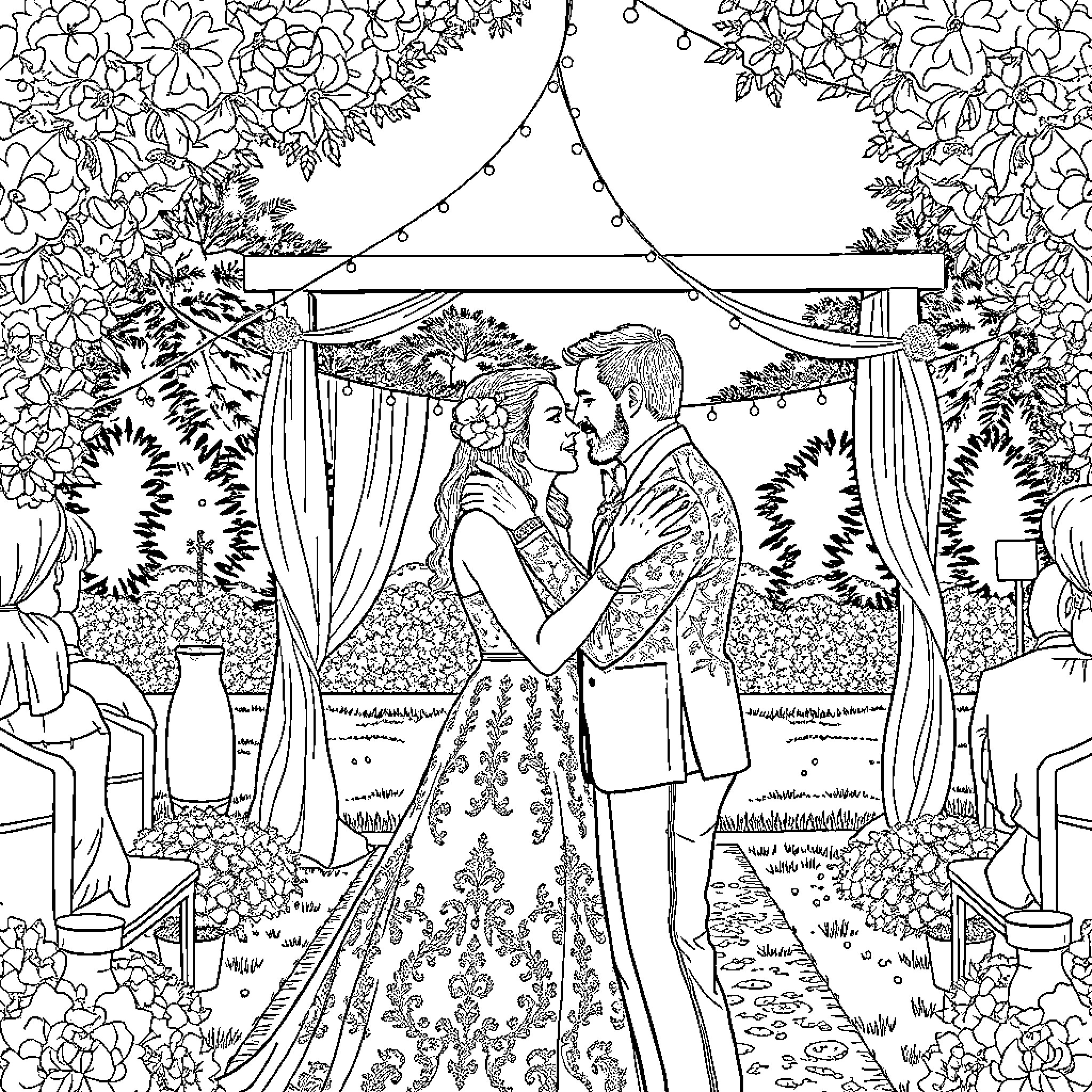 Taylor Swift's Romantic Garden Wedding Scene Coloring Page (free black-and-white line drawing printable PDF for all, from beginners to advanced learners, including children, teens, adults, and seniors)