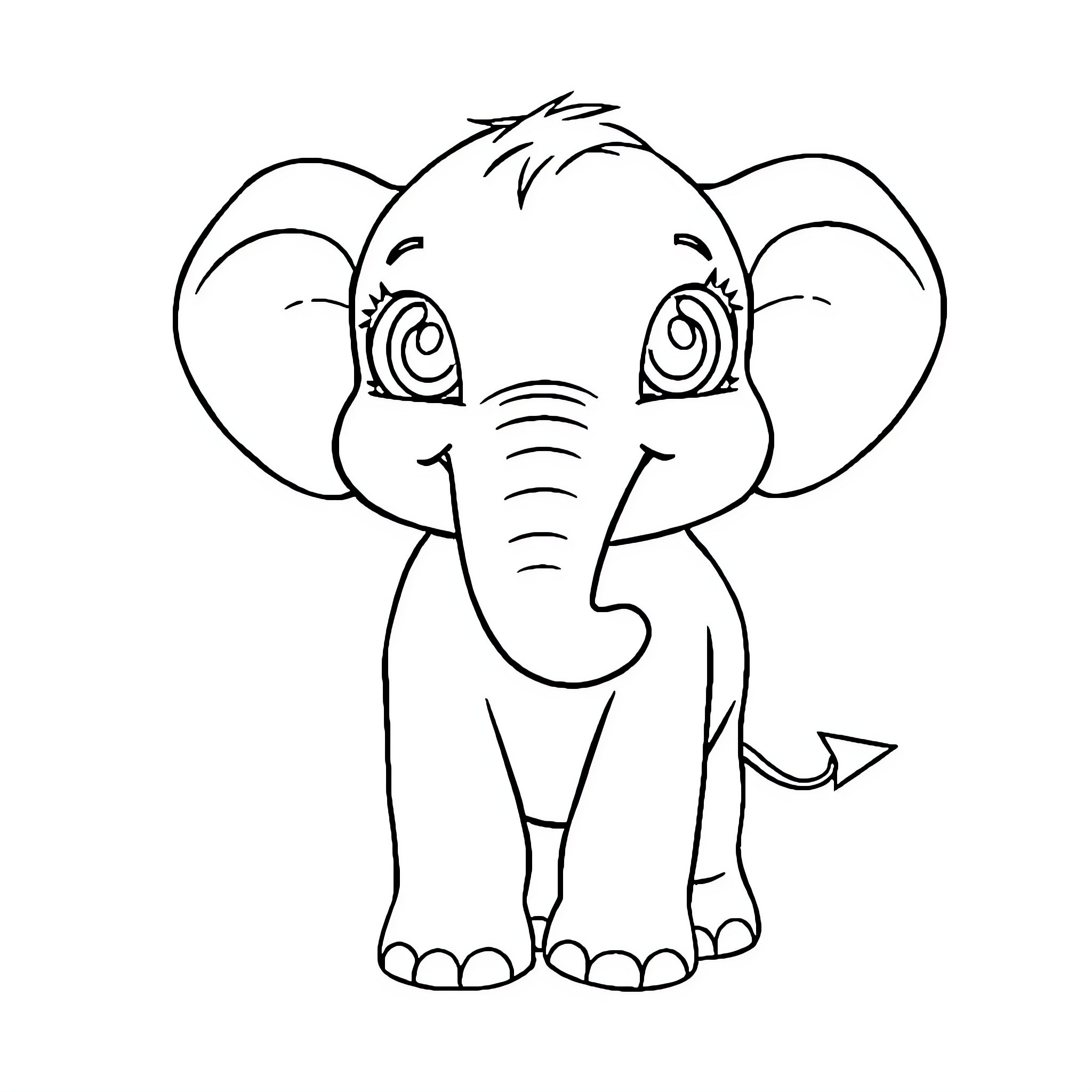 Elephant with Cute Expression Coloring Page (free black-and-white line drawing printable PDF for all, from beginners to advanced learners, including children, teens, adults, and seniors)