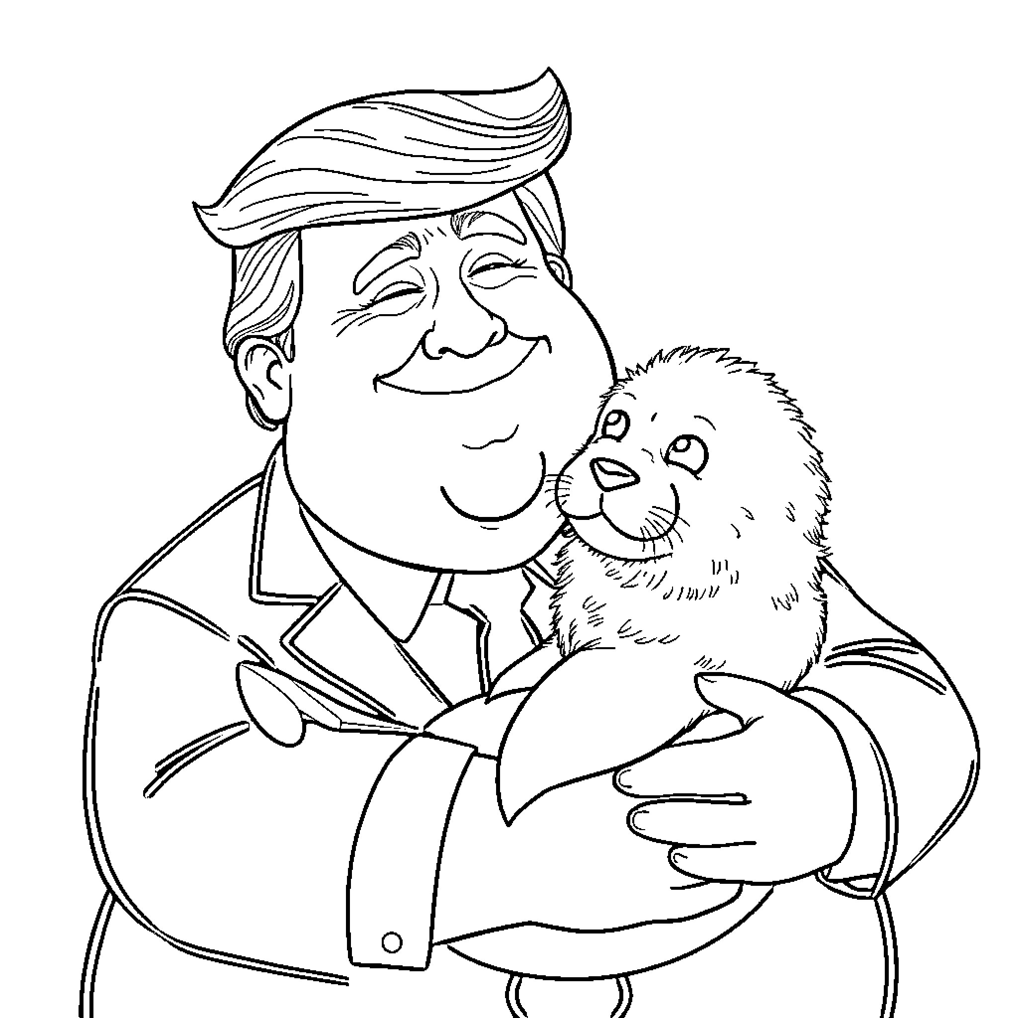 Trump happily embracing a fluffy pet Coloring Page (free black-and-white line drawing printable PDF for all, from beginners to advanced learners, including children, teens, adults, and seniors)