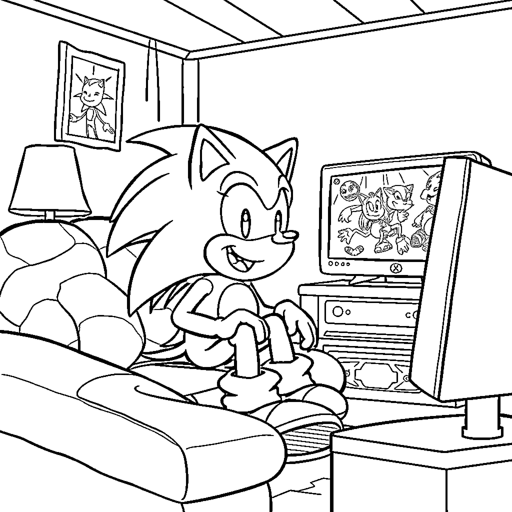 Sonic relaxing and enjoying video games in his room Coloring Page (free black-and-white line drawing printable PDF for all, from beginners to advanced learners, including children, teens, adults, and seniors)