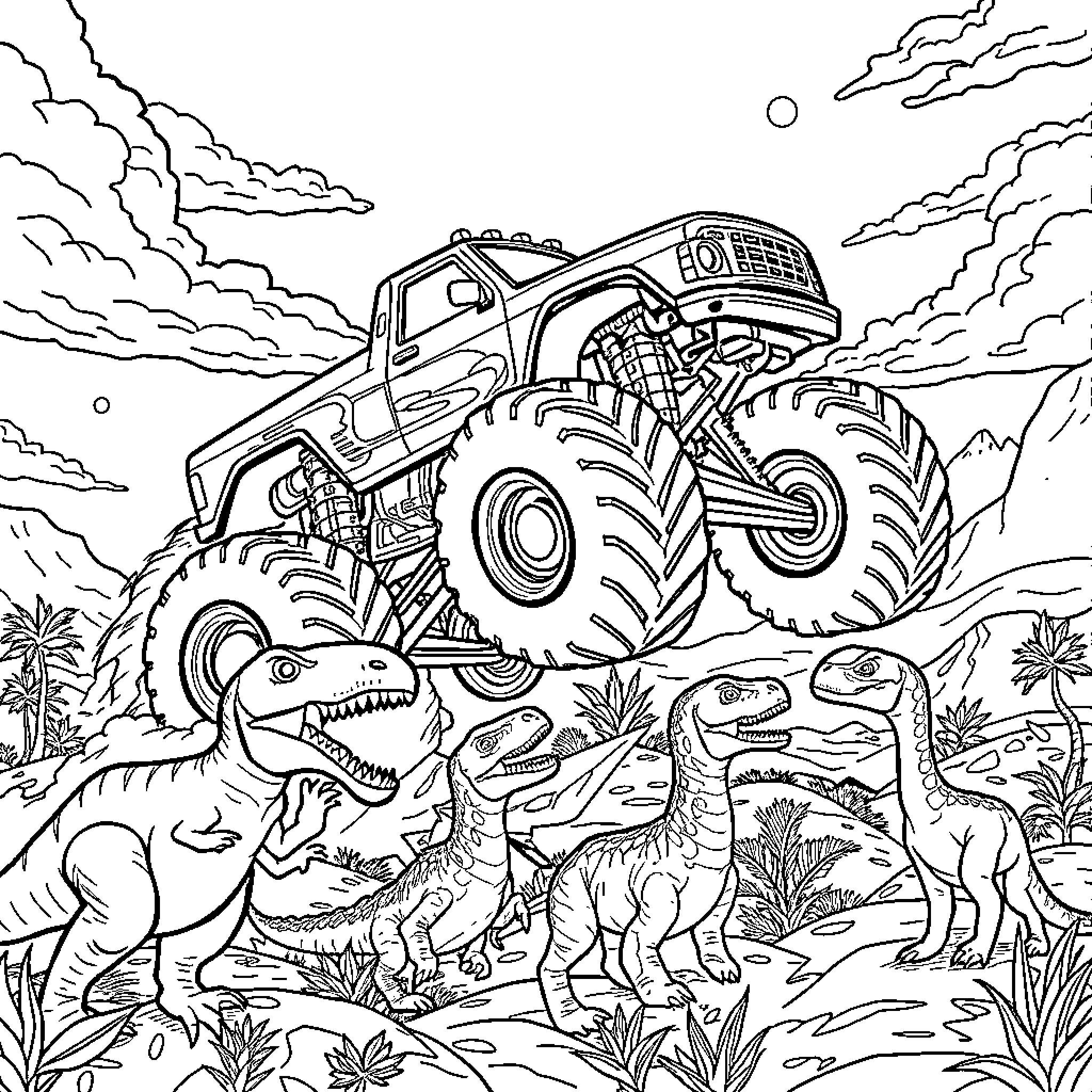 Monster Truck Crushing Dinosaurs in the Wild Outdoors Coloring Page (free black-and-white line drawing printable PDF for all, from beginners to advanced learners, including children, teens, adults, and seniors)