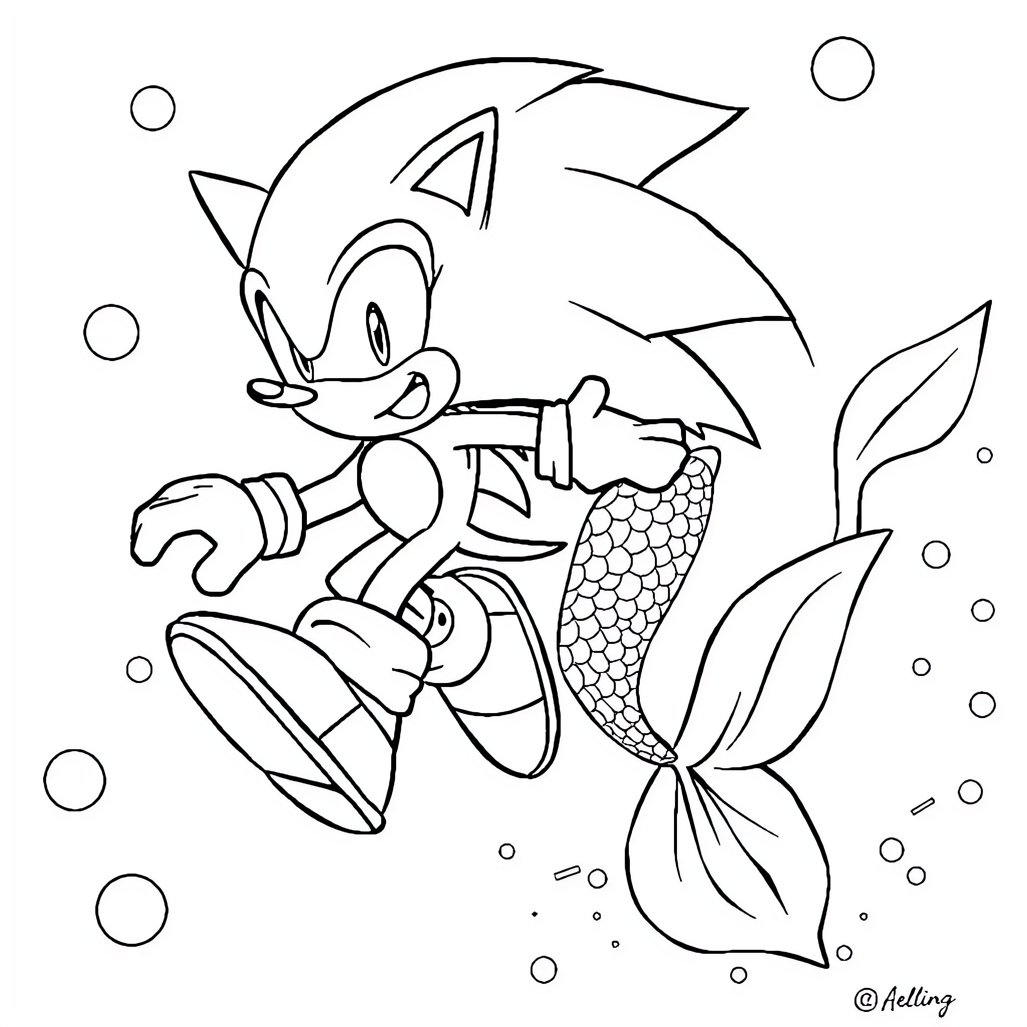 Sonic the Hedgehog swimming underwater with sea creatures Coloring Page (free black-and-white line drawing printable PDF for all, from beginners to advanced learners, including children, teens, adults, and seniors)