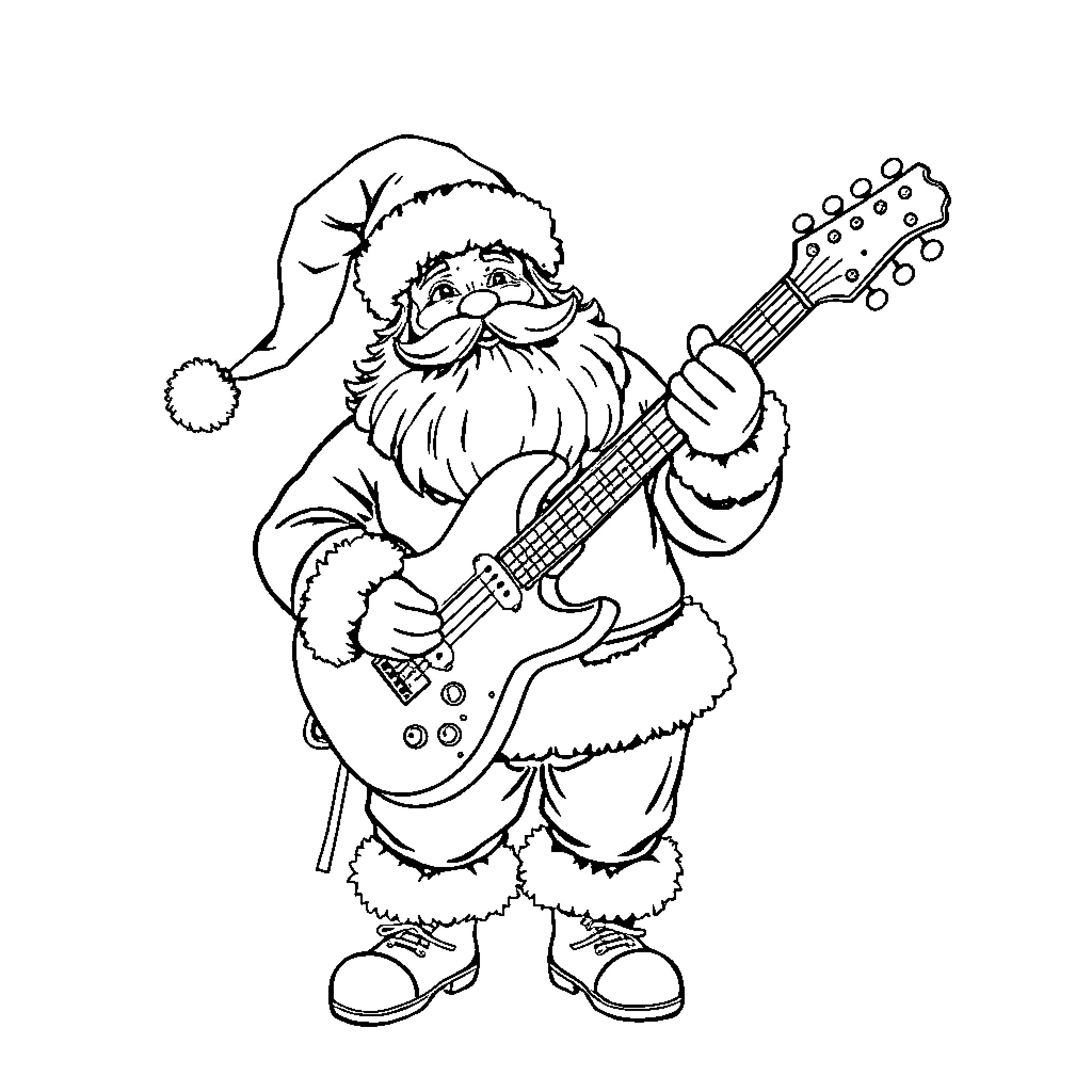 Santa Claus playing electric guitar in holiday attire Coloring Page (free black-and-white line drawing printable PDF for all, from beginners to advanced learners, including children, teens, adults, and seniors)