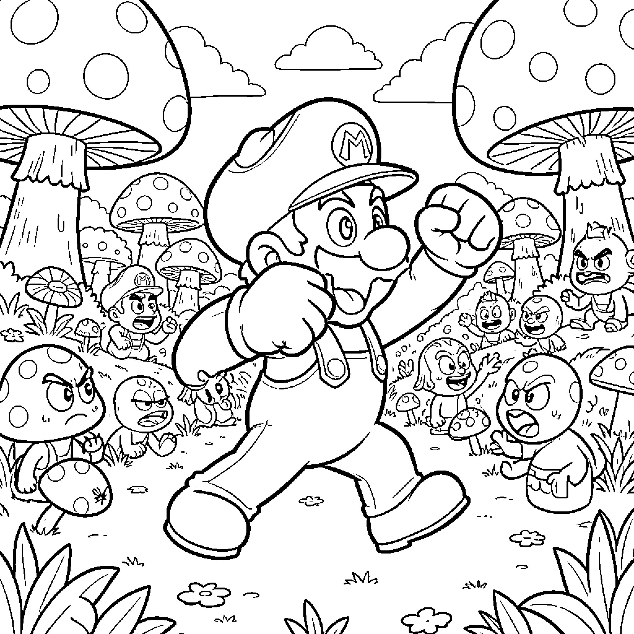 Mario exploring the mushroom kingdom Coloring Page (free black-and-white line drawing printable PDF for all, from beginners to advanced learners, including children, teens, adults, and seniors)