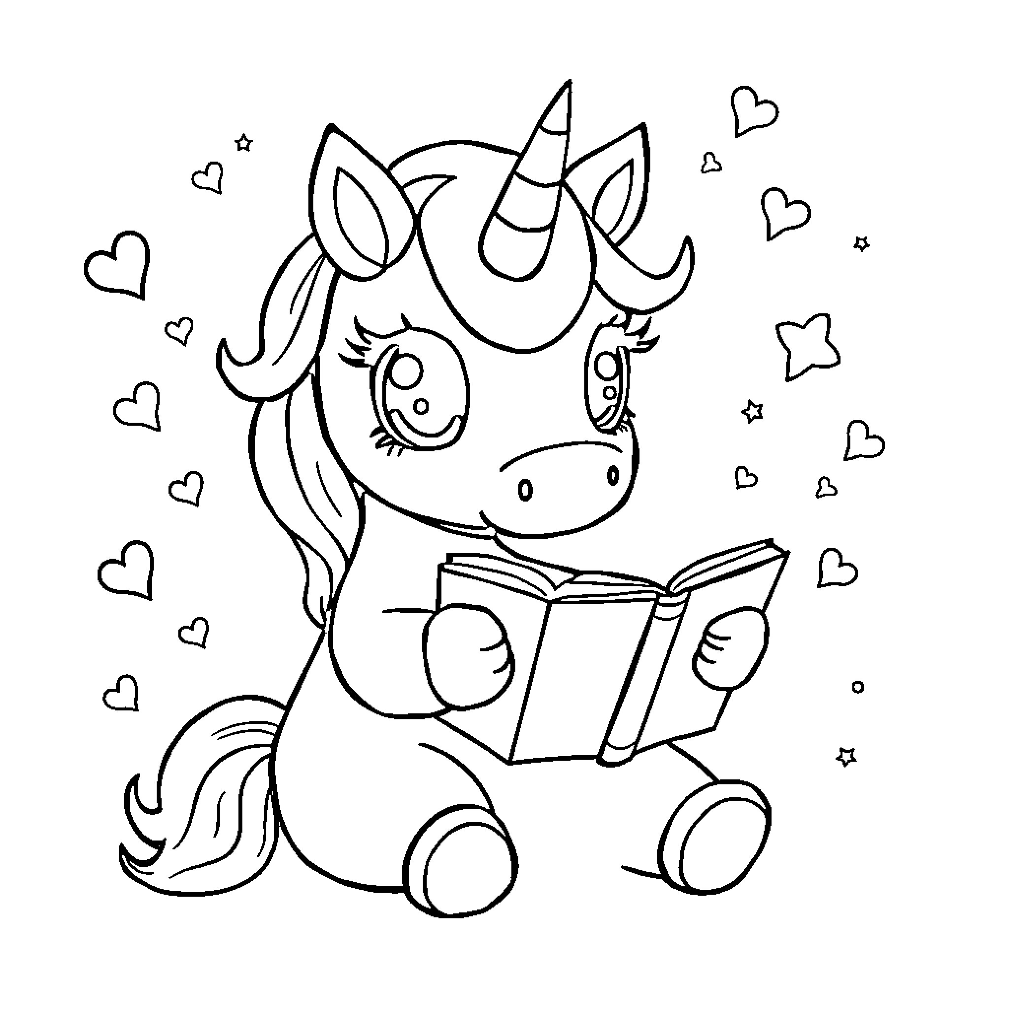 Unicorn reading a book happily with hearts Coloring Page (free black-and-white line drawing printable PDF for all, from beginners to advanced learners, including children, teens, adults, and seniors)