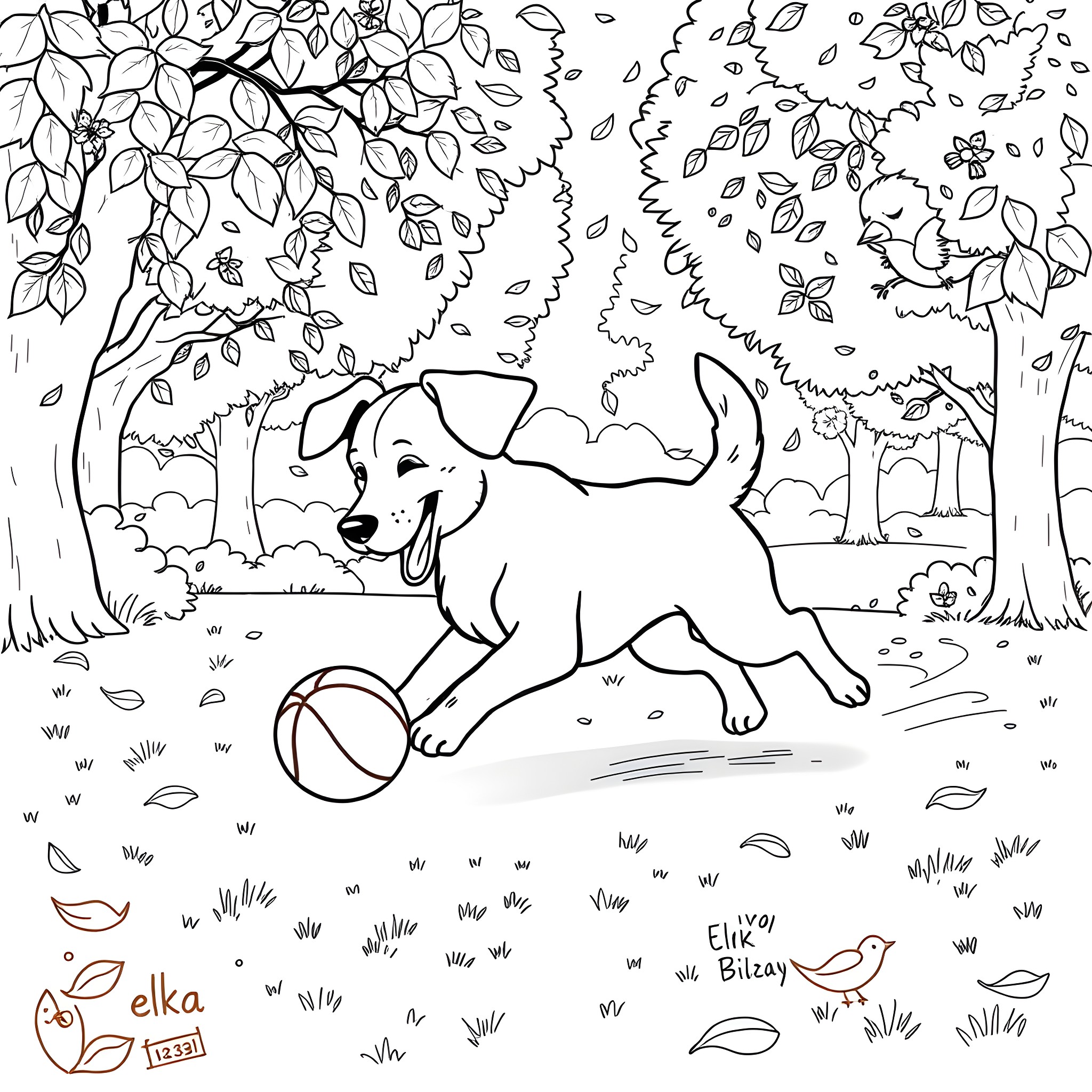 Elka's Playful Adventure in the Autumn Woods Coloring Page (free black-and-white line drawing printable PDF for all, from beginners to advanced learners, including children, teens, adults, and seniors)