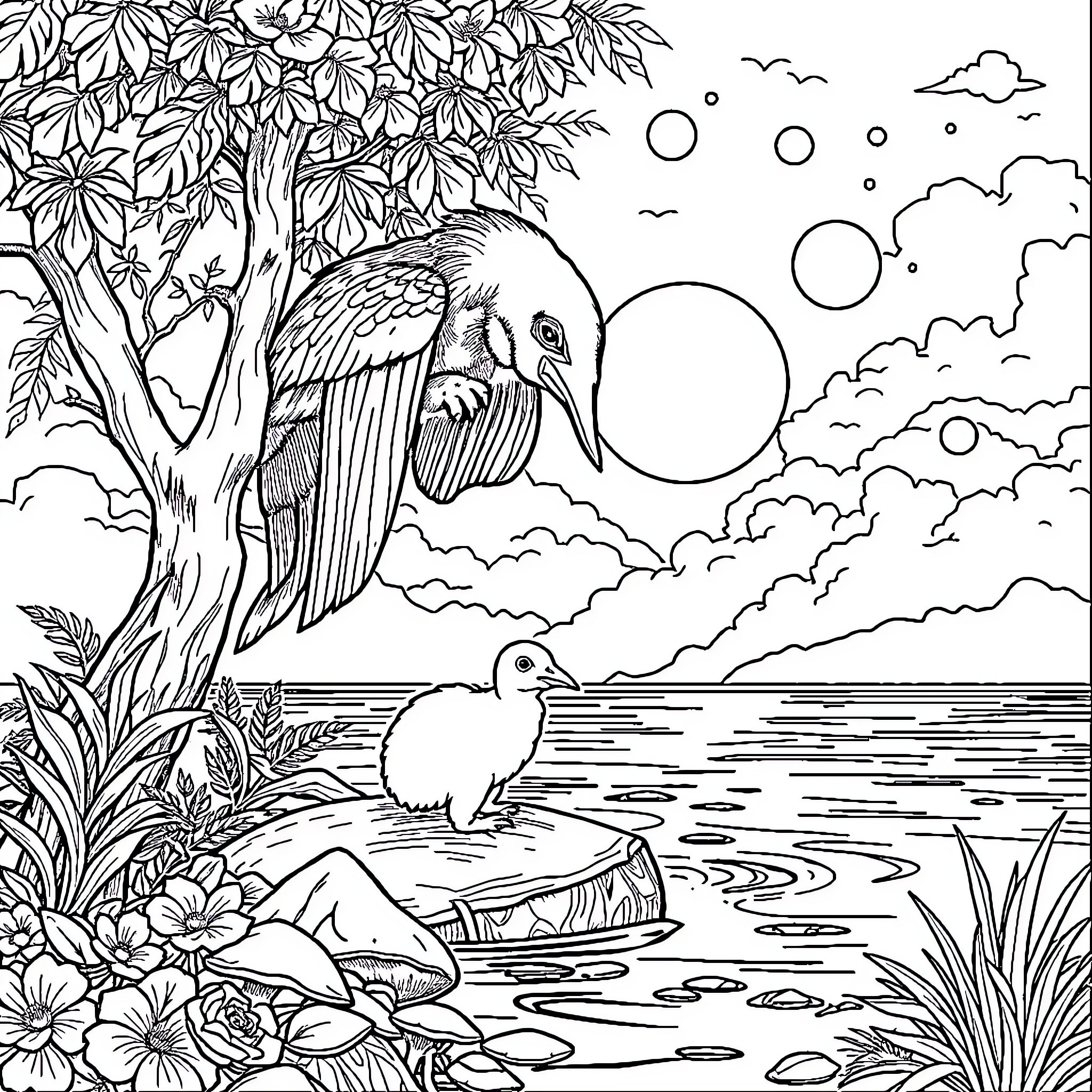 Kancil and the Enchanted Jungle Coloring Page (free black-and-white line drawing printable PDF for all, from beginners to advanced learners, including children, teens, adults, and seniors)