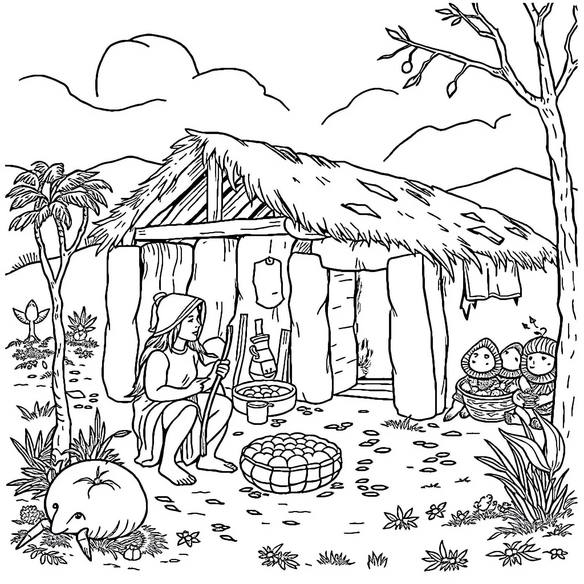 Human sitting outdoors near hut with baskets Coloring Page (free black-and-white line drawing printable PDF for all, from beginners to advanced learners, including children, teens, adults, and seniors)