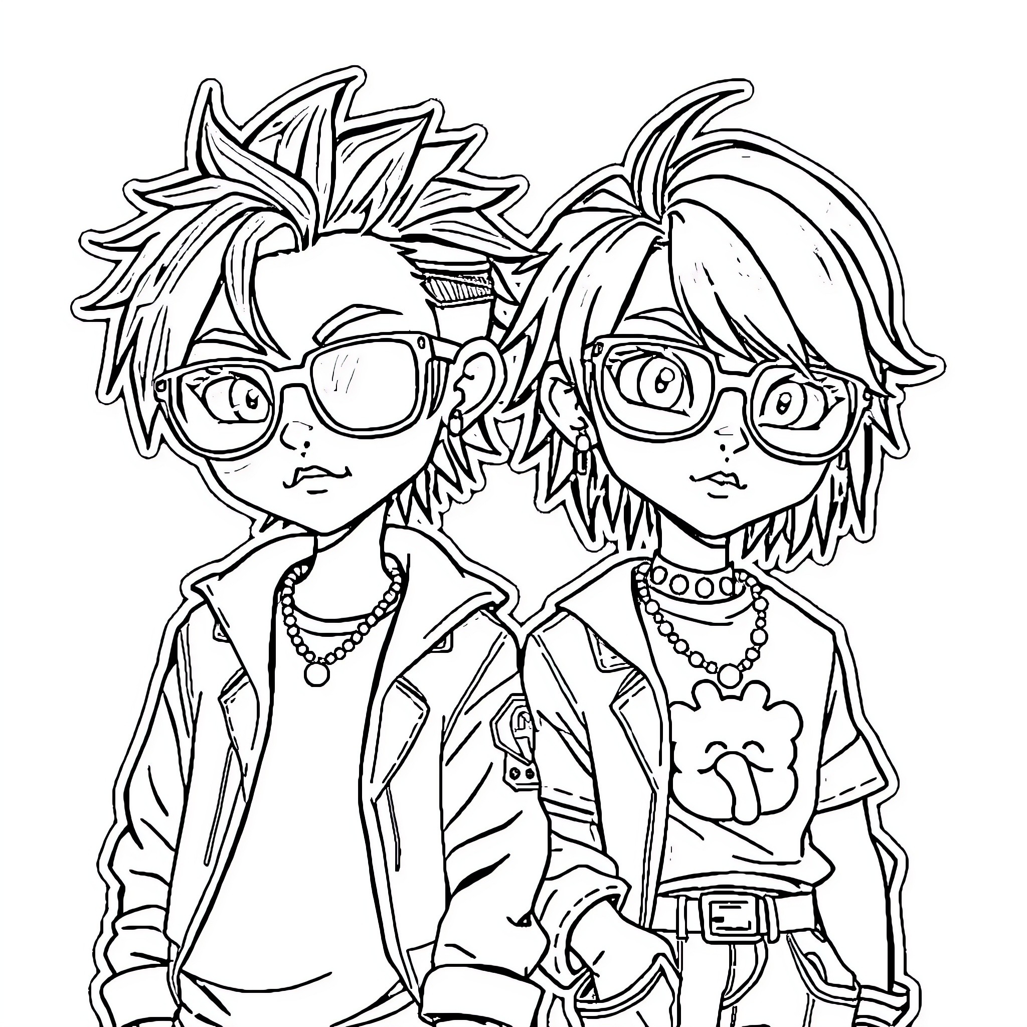 Bluey Siblings in Punk Rock Outfits Coloring Page (free black-and-white line drawing printable PDF for all, from beginners to advanced learners, including children, teens, adults, and seniors)